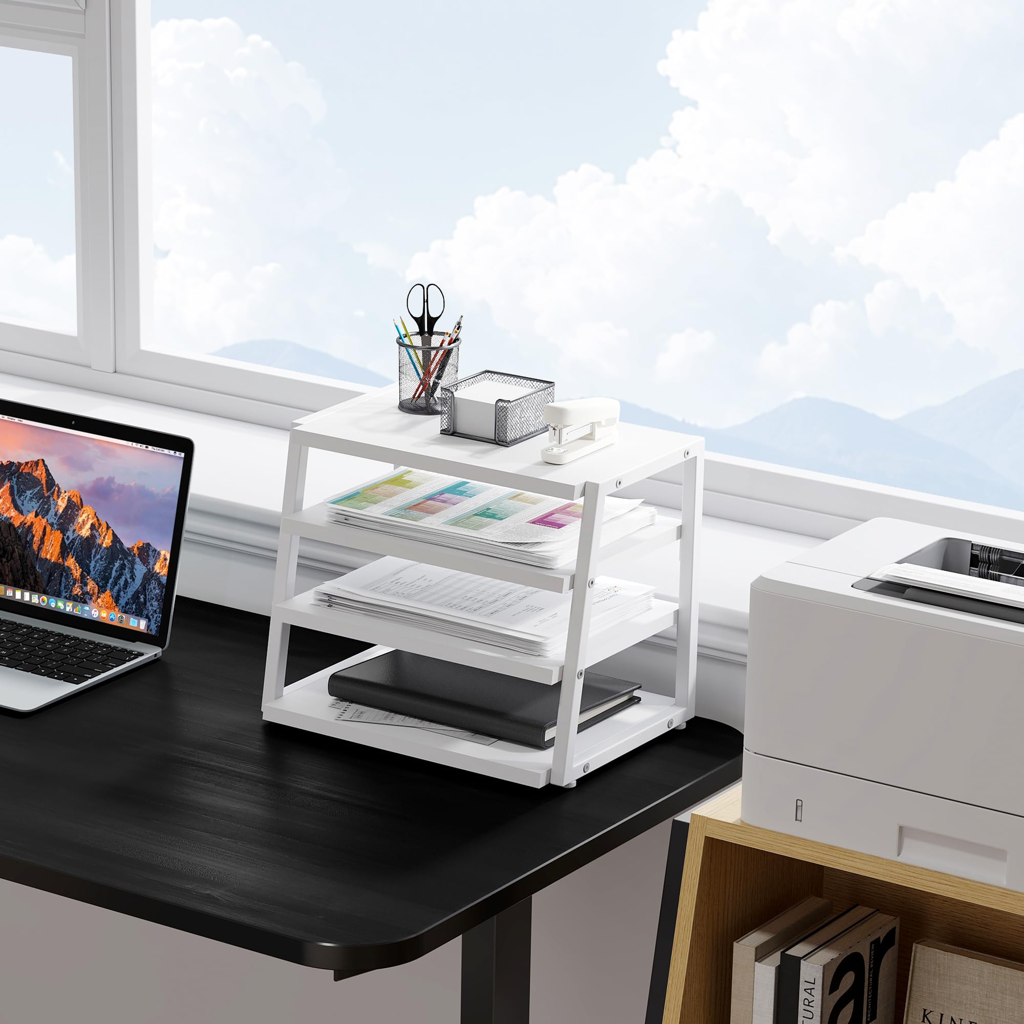 4 Tier Wood and Metal Desk Shelf Organizer - Corner File Holder for Office Supplies, Top of Desk Storage Accessories - Perfect for Home Office, Study, and Workspace Organization