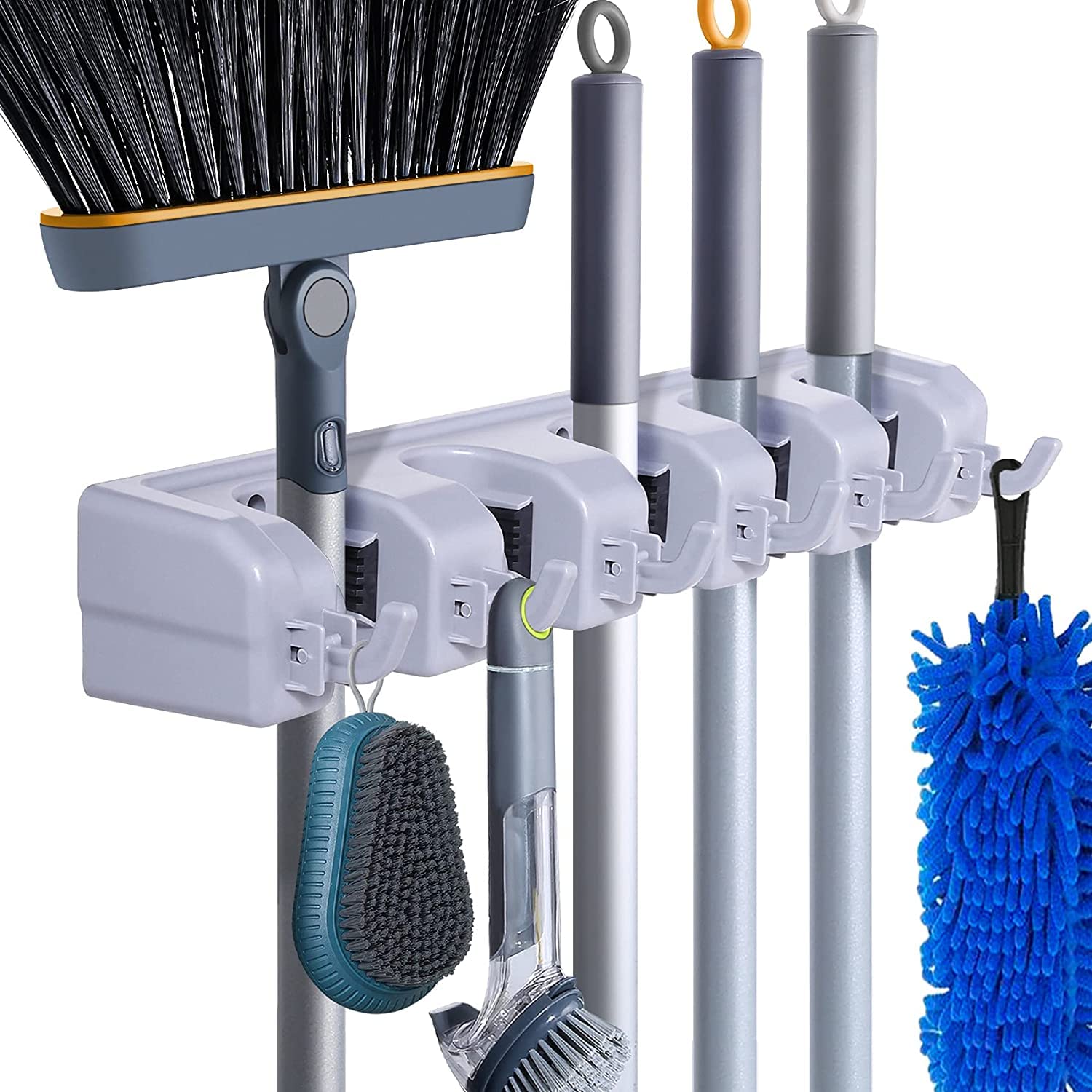 Heavy Duty Wall Mount Broom and Mop Holder with Hooks - Space Saving Garage, Laundry Room & Garden Tool Organizer Rack - Durable Grey Storage Solution for Brooms, Mops, Garden Tools and Cleaning Supplies
