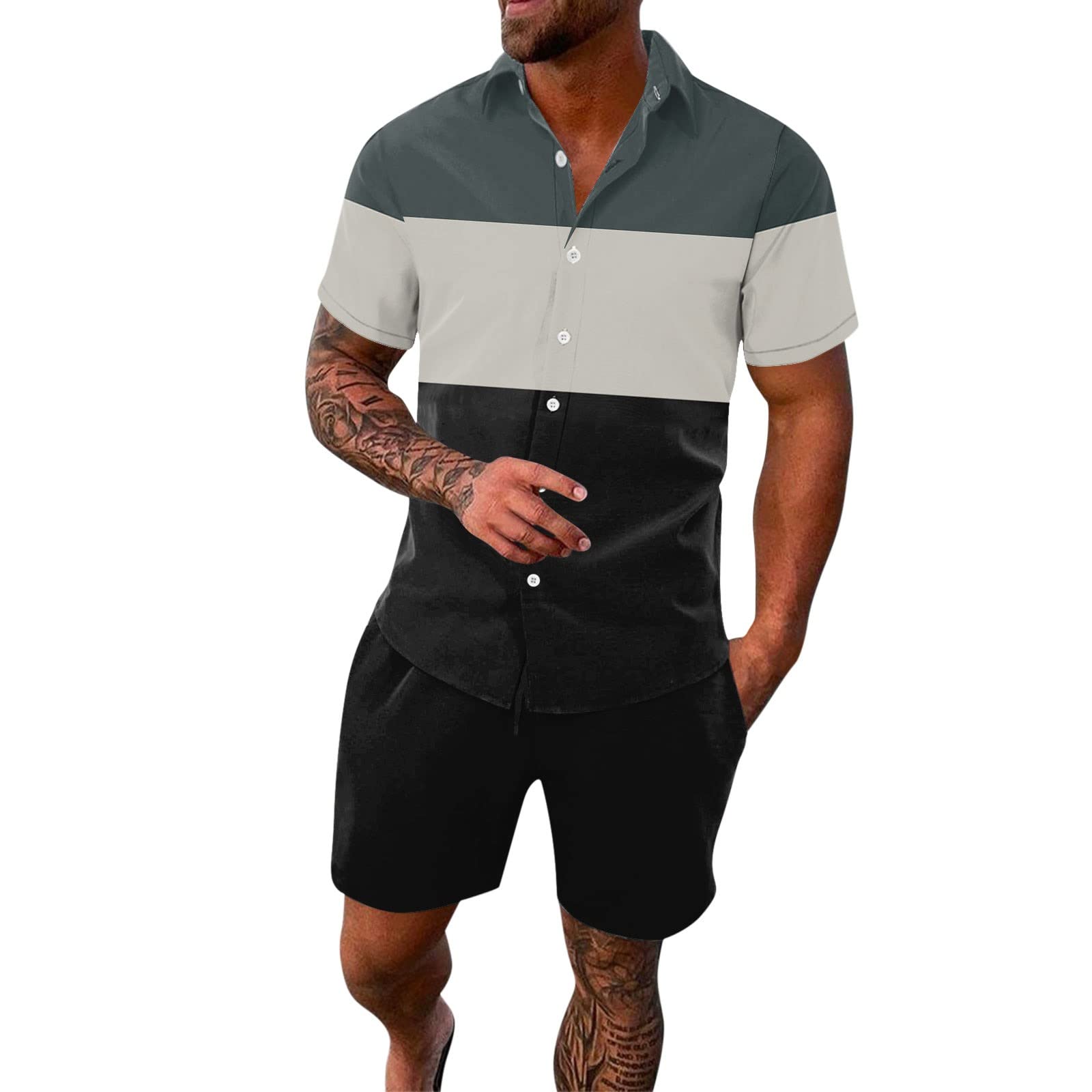 Men's 2-Piece Linen Set - Modern Fit Button Down Shirt & Shorts | Floral Spring Outfits for Teens & Adults | Square Neck Henley Shirt & Stretch Tracksuit | Tropical Vacation, Honeymoon & BBQ Outfits | Breathable Summer Casual Wear for Beach & Outdoor Activities