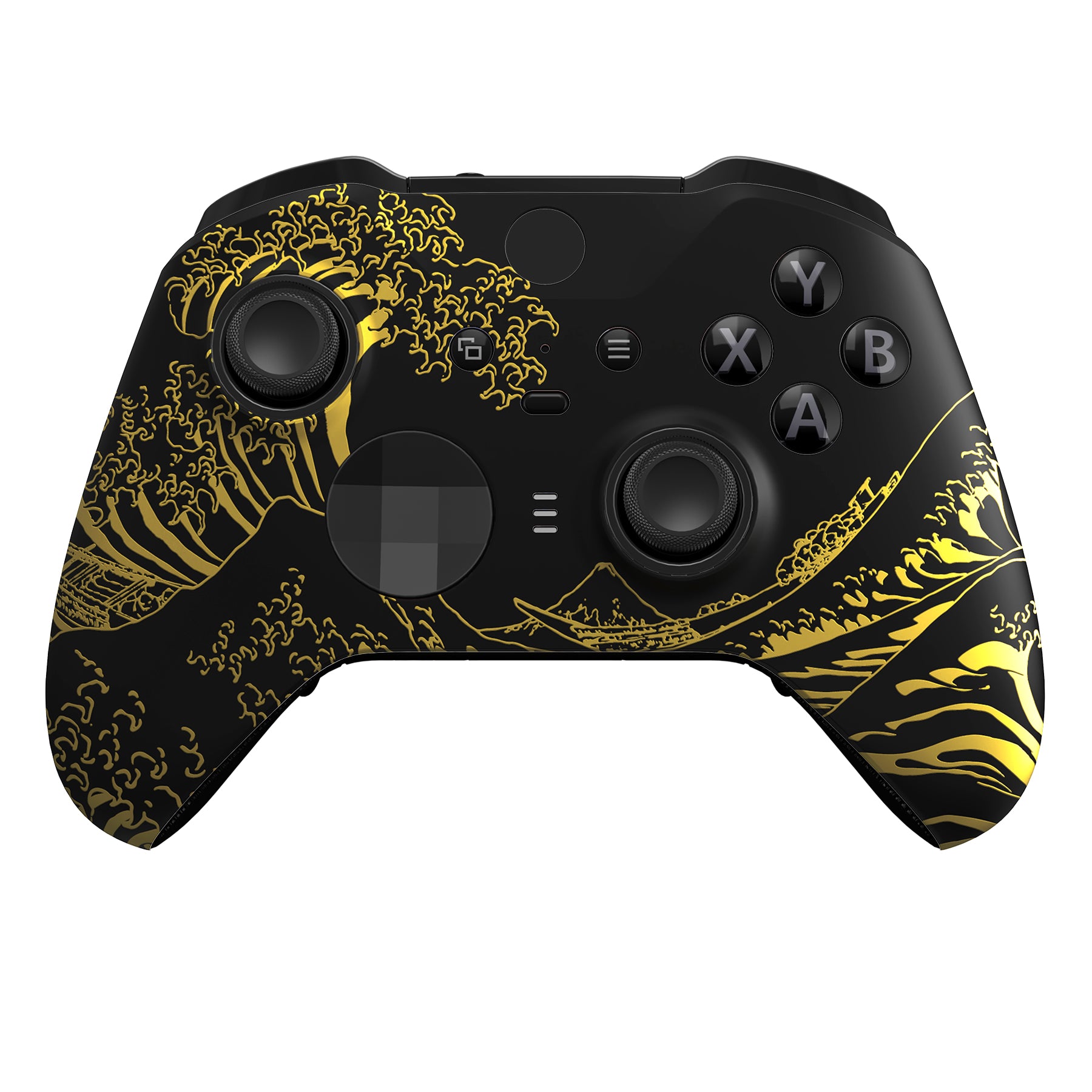 eXtremeRate Golden Wave Off Kanagawa Black Replacement Front Housing Shell Case with Thumbstick Accent Rings for Xbox One Elite Series 2 Controller Model 1797 (ELT154) - Premium Customization for Gaming Enthusiasts & Collectors