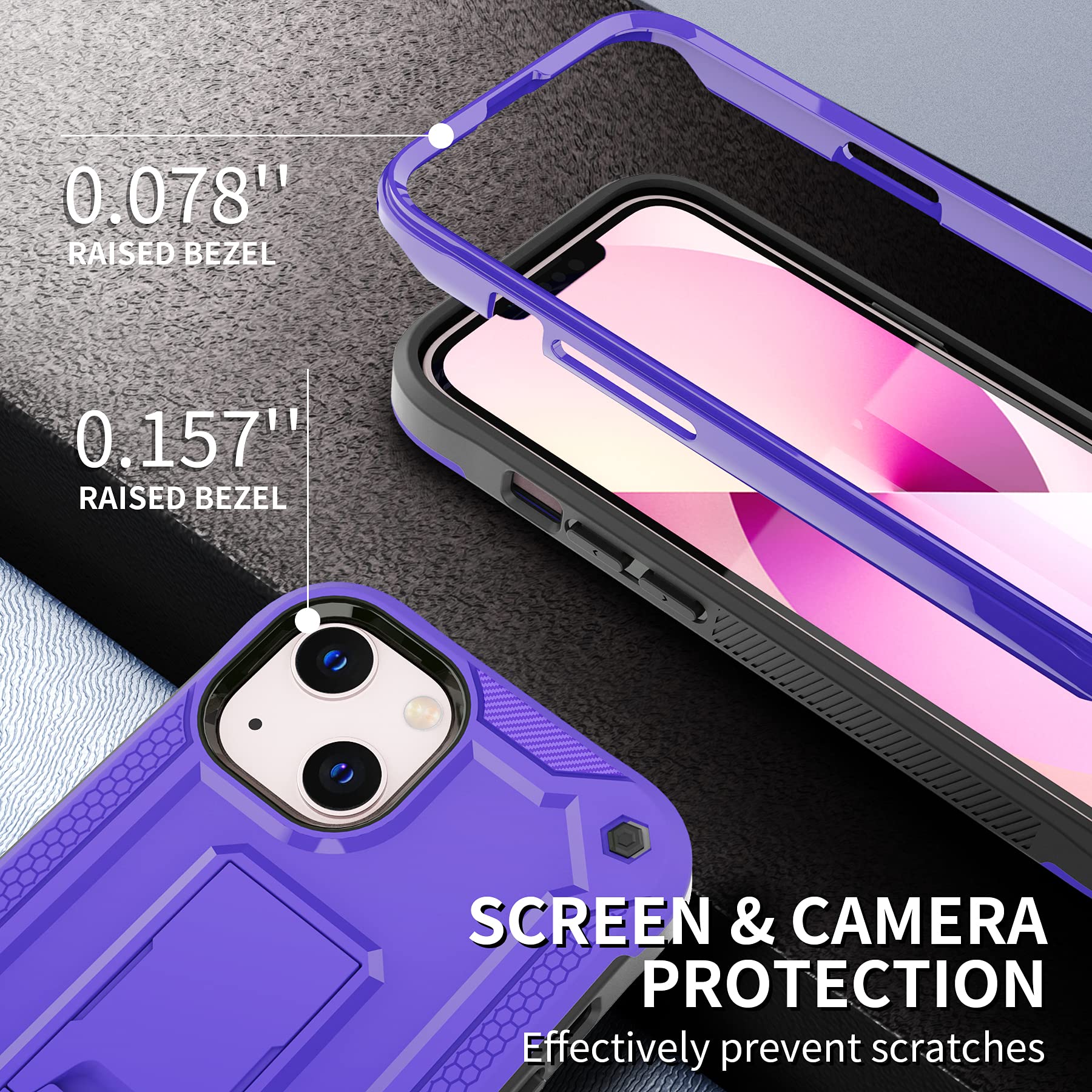 Shockproof iPhone 13 Case with Screen Protector & Kickstand | Military-Grade Dual Layer Protection | Heavy Duty Phone Cover for iPhone 13 (Purple) - Perfect for Outdoor Adventures, Work & Daily Use