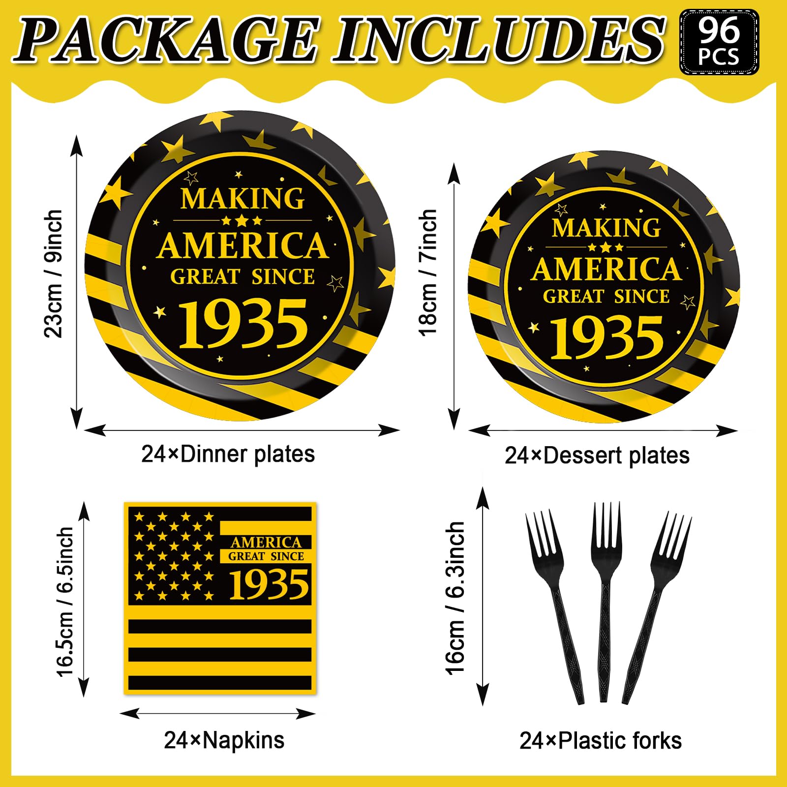 90th Birthday Party Supplies Set - 96 Pcs Black & Gold Paper Plates, Napkins, Forks - Elegant Dinnerware for 24 Guests - Perfect for 1935 Themed Celebrations (Men & Women) - Great for Milestone Anniversaries & Retirement Parties