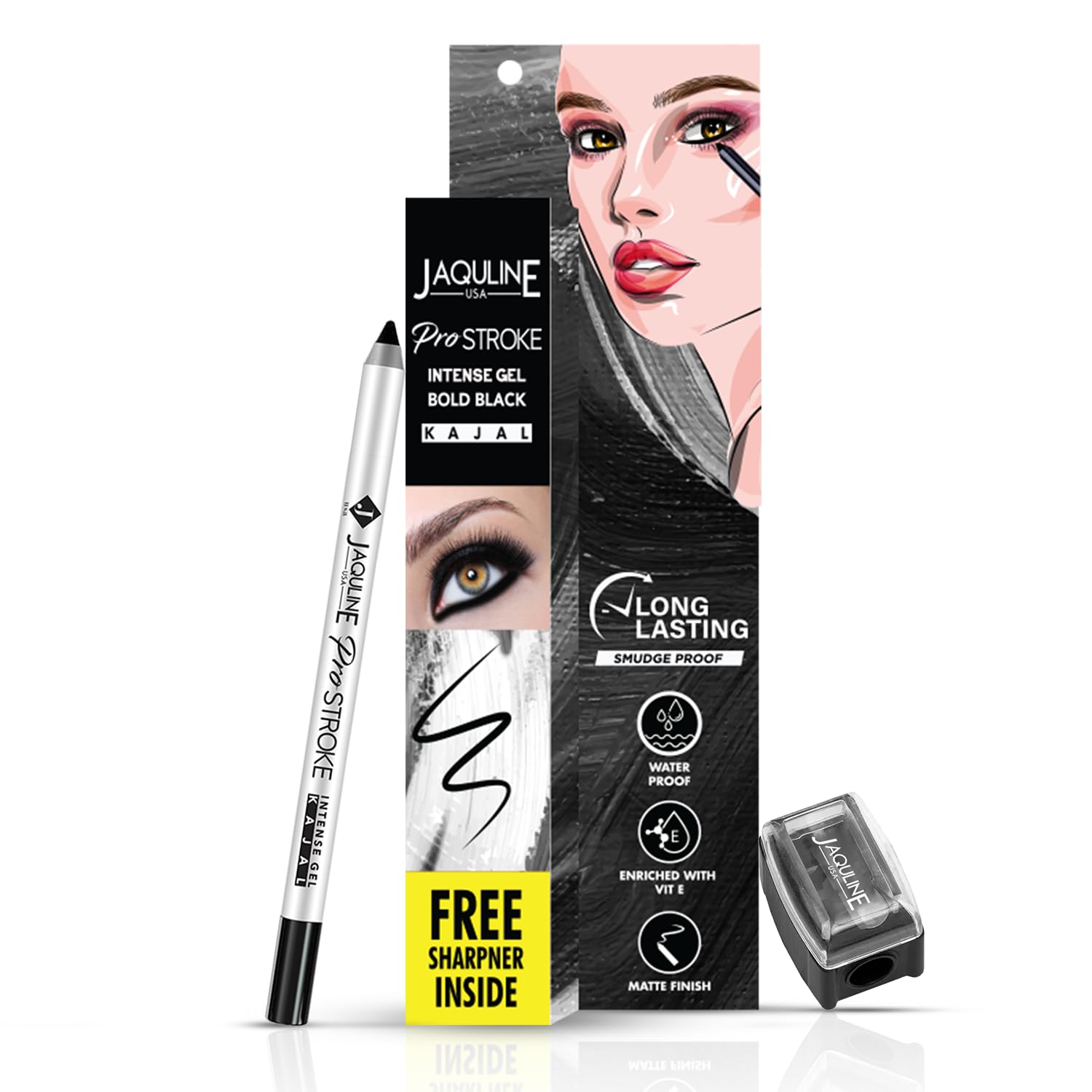 Jaquline USA Pro Stroke Intense Gel Matte Kajal Eyeliner 1.2Gm - Waterproof, Smudgeproof & Long Lasting Super Black Kajal with Free Sharpener | Enriched with Castor Oil | Perfect for Dramatic Eye Makeup, Winged Liner & Everyday Wear