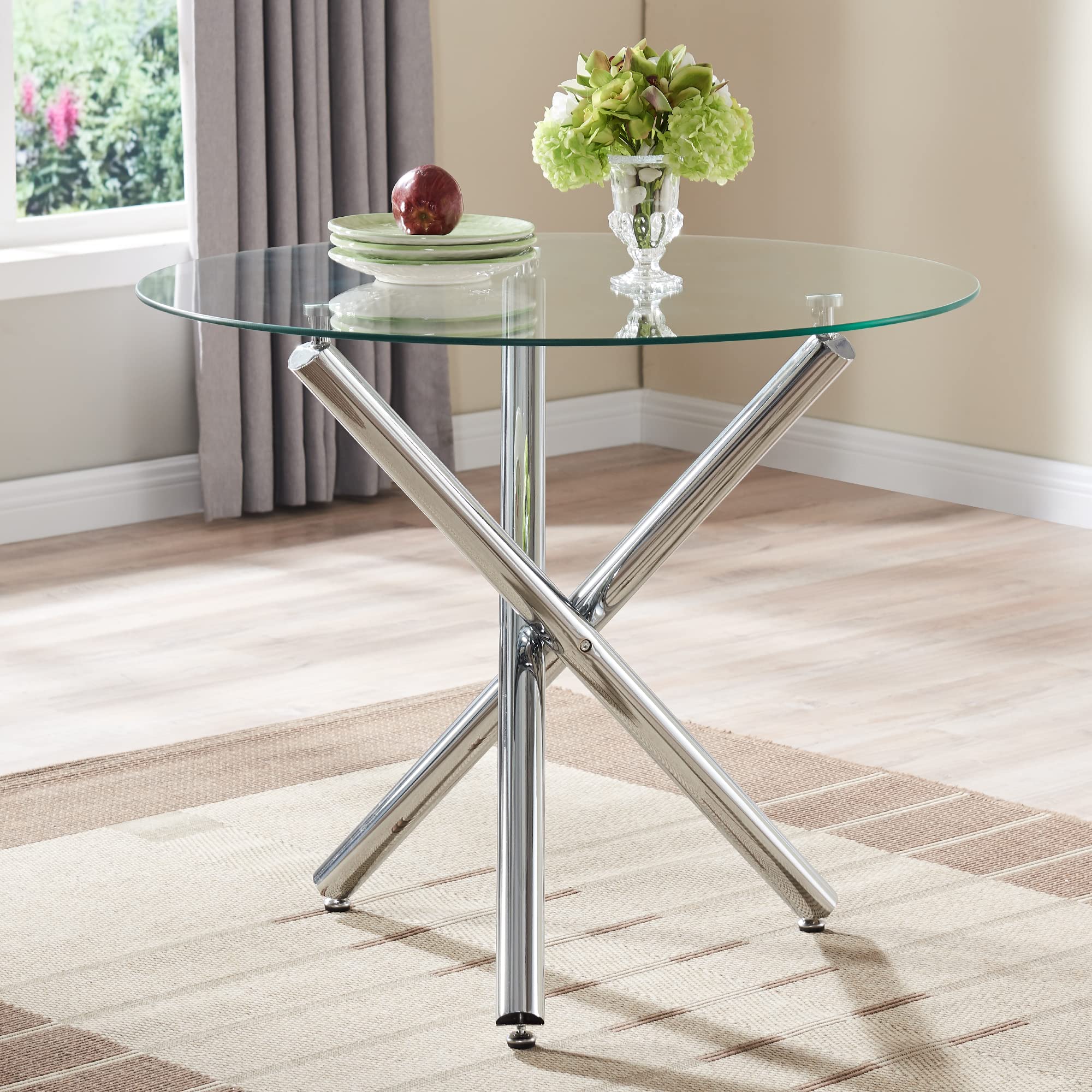 Modern Round Glass Dining Table with Tempered Glass Top & Chrome Legs - 35.4