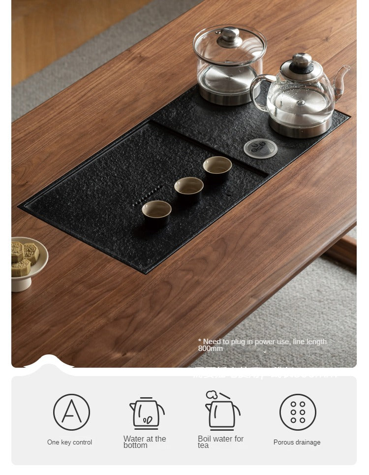 Premium Black Walnut Solid Wood Tea Table with Integrated Tray - Handcrafted Tea Serving Set for Living Room, Zen Meditation & Japanese Tea Ceremony