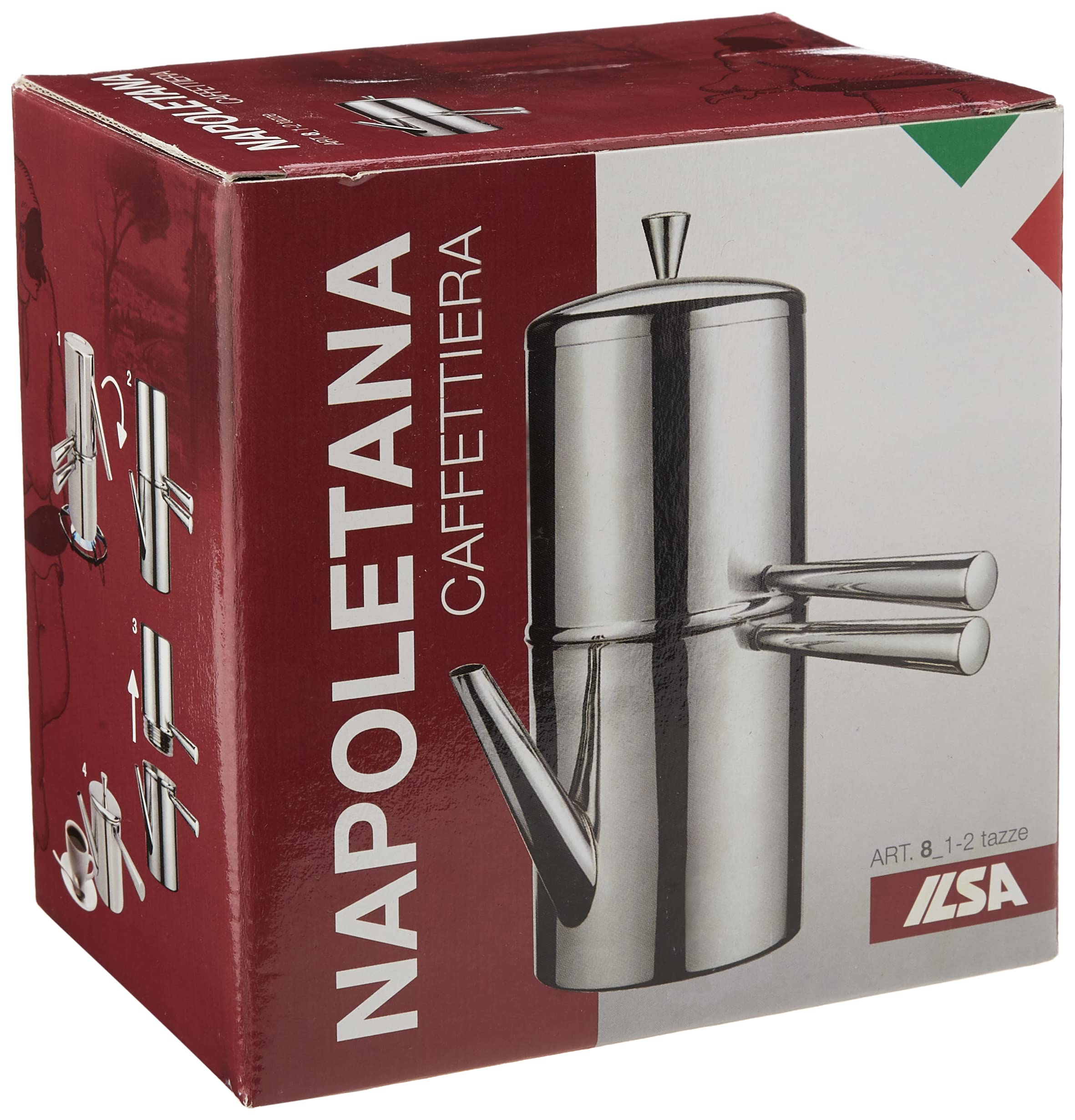 Ilsa Napolitano Stovetop Espresso Maker, 2-Cup, Stainless Steel - Perfect for Home, Office & Camping Coffee Brewing