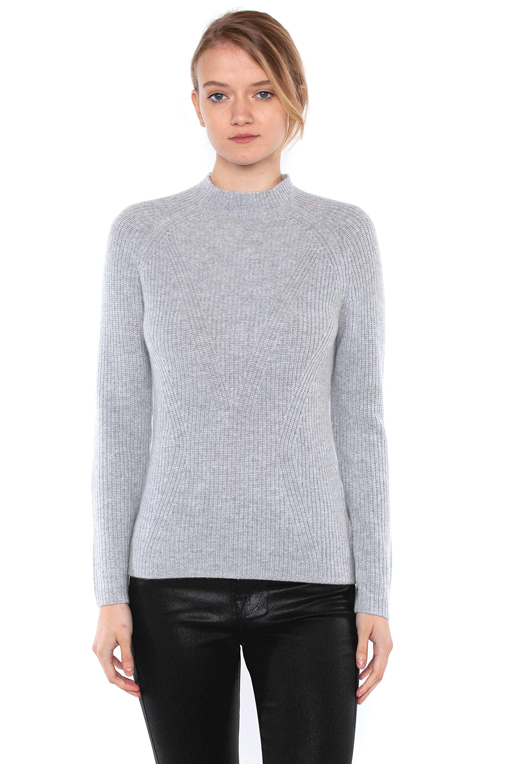 JENNIE LIU Women's 100% Pure Cashmere Chunky Rib Funnel Neck Long Sleeve Sweater - Soft Winter Warm Pullover for Office, Date Night & Holiday Outfits