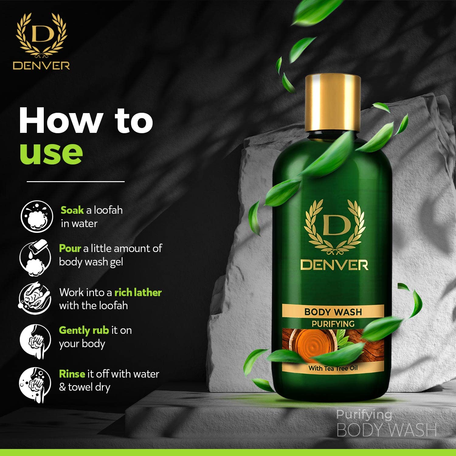 DENVER Purifying Body Wash with Tea Tree Oil - 325ML | Soap-Free Formula for Deep Cleansing | Men's Shower Gel for Acne-Prone & Oily Skin | Refreshing Bath Essential for Gym & Post-Workout Use