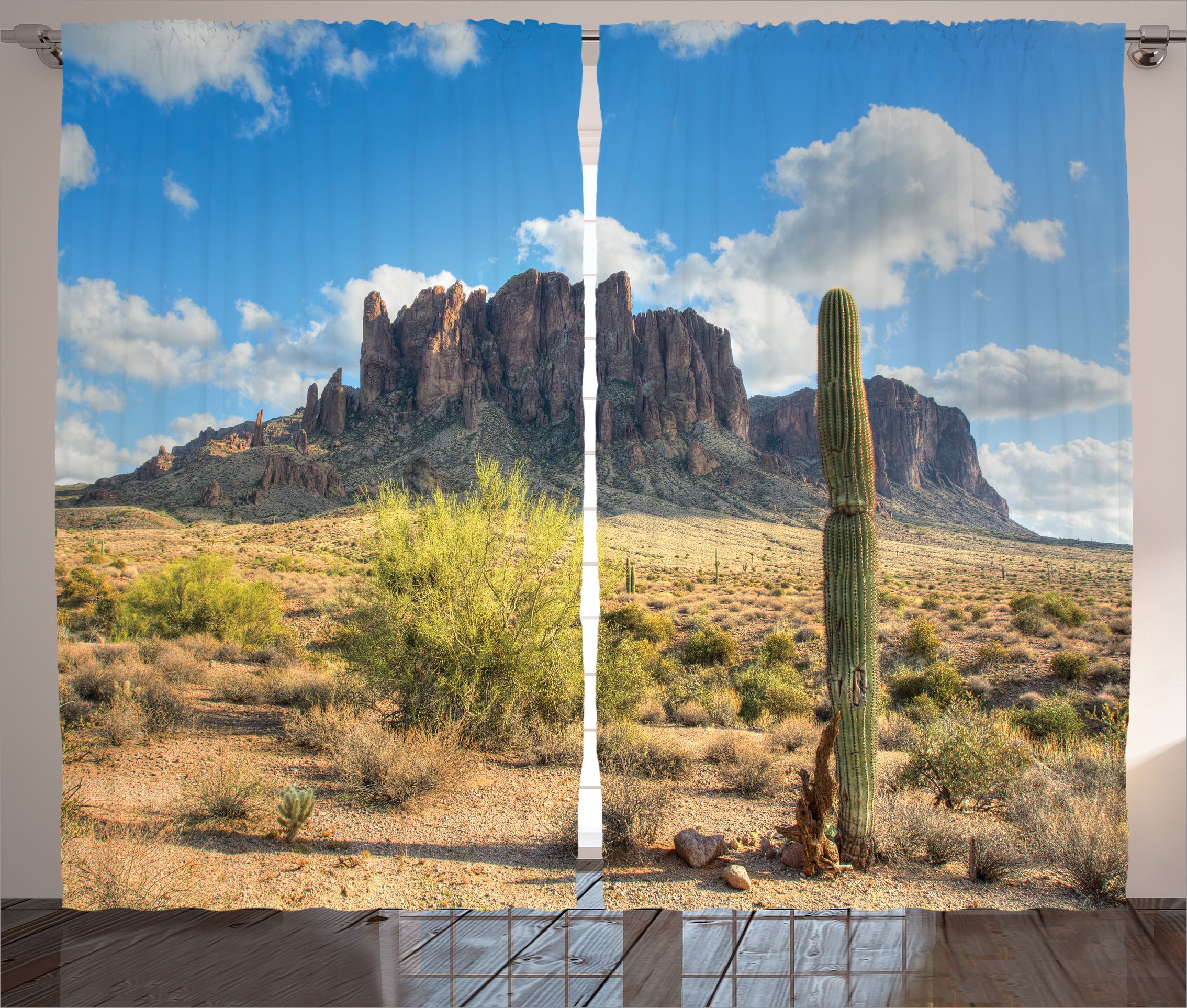 Ambesonne Saguaro Cactus Curtains - Southwest Desert Landscape with Dramatic Sky, Brown Green Blue Window Drapes for Living Room & Bedroom, 108