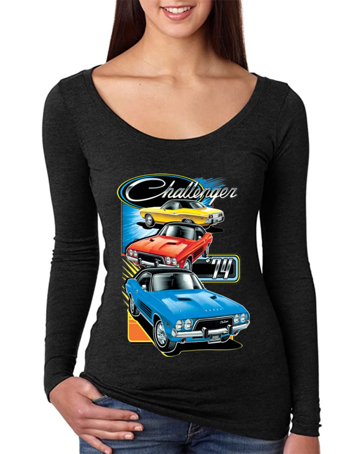 Vintage Dodge Challenger Retro 74 Car Print Women's Long Sleeve Scoop Neck T-Shirt - Classic Muscle Car Lover Gift, Casual Wear & Car Show Outfit