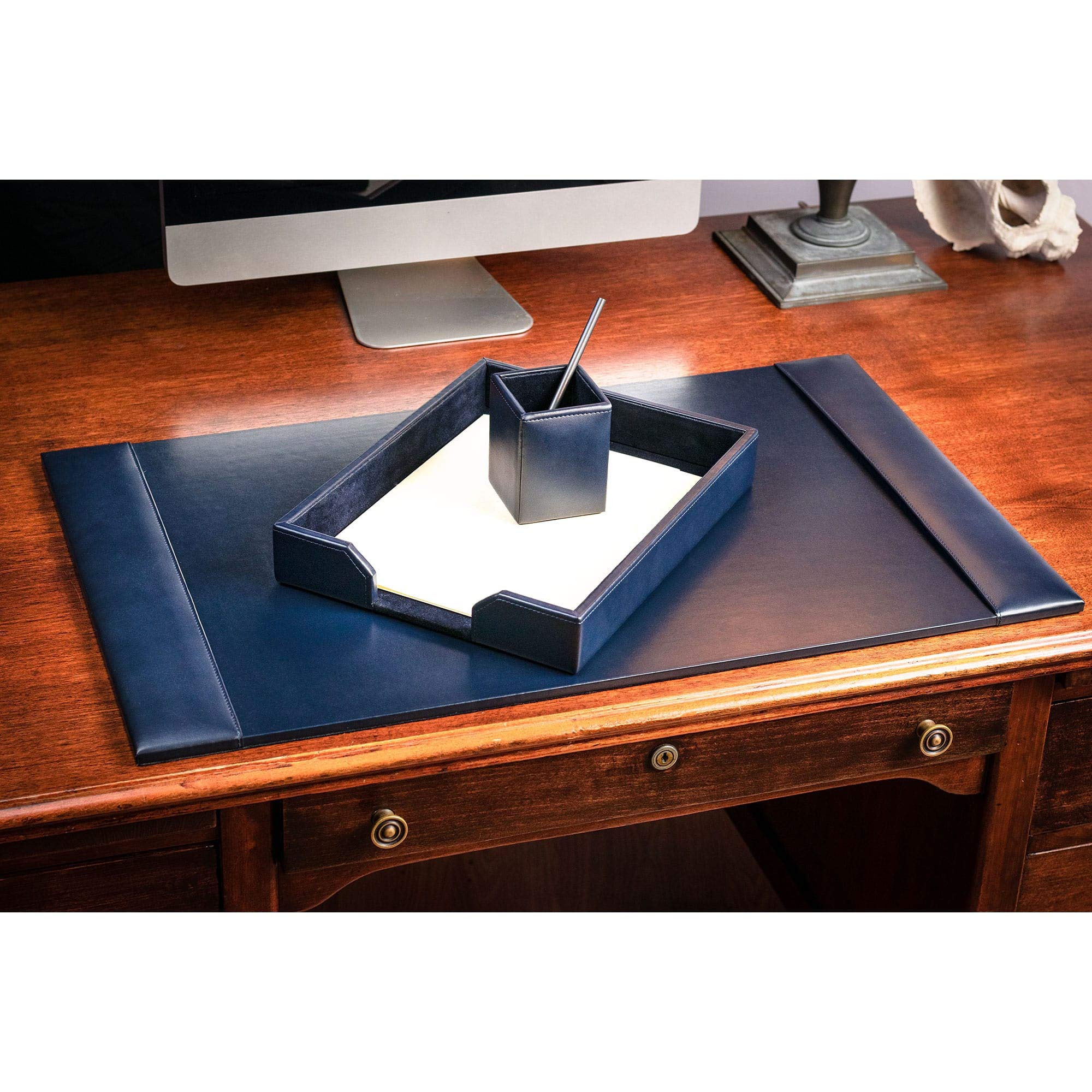 Premium DACASSO Bonded Leather Desk Set - Luxury Leather Desk Pad & Office Organizer (Navy Blue, 3-Piece) - Perfect for Home Office, Executive Desk & Professional Workspace