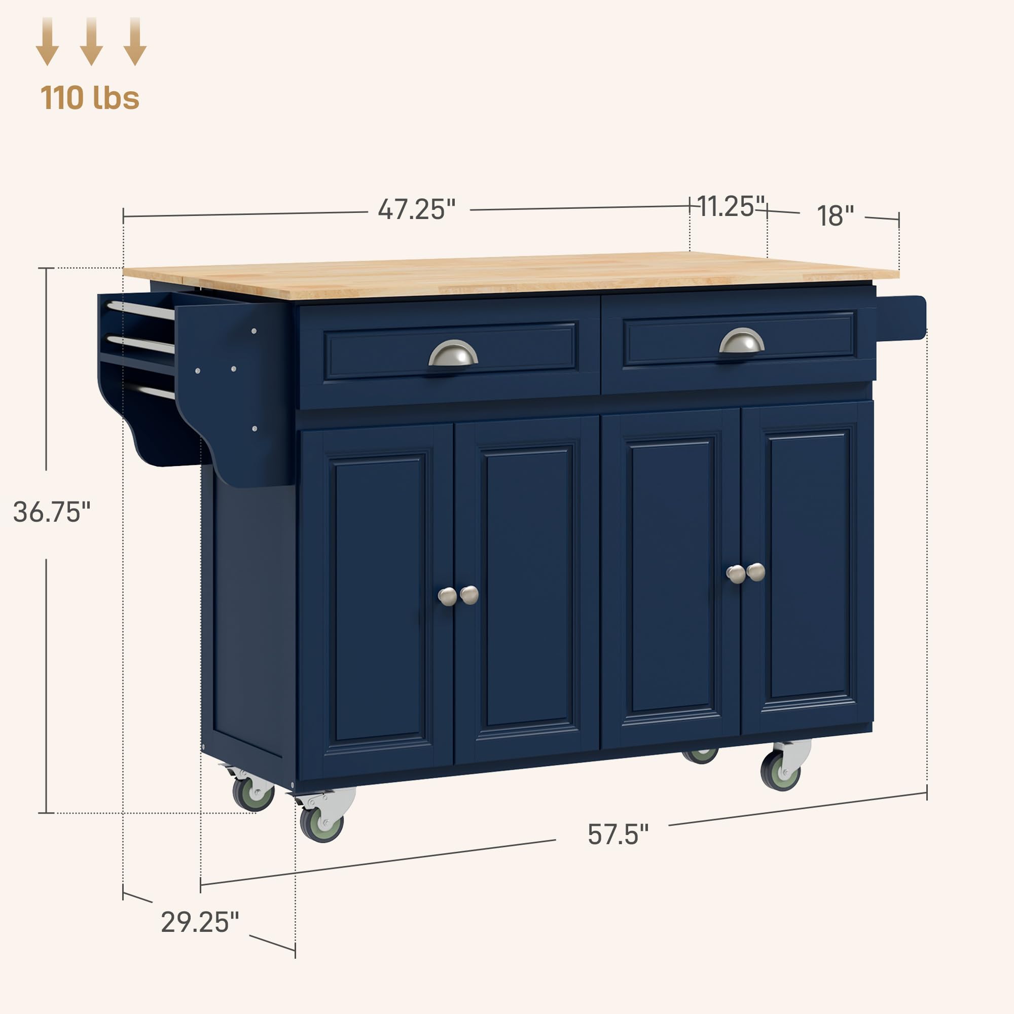 HOMCOM Rolling Kitchen Island Cart with Drop Leaf - Mobile Kitchen Cart with Rubber Wood Top, 2 Drawers & 2 Storage Cabinets - Kitchen & Dining Room Organizer in Dark Blue | Perfect for Small Spaces, Food Prep, and Extra Counter Space