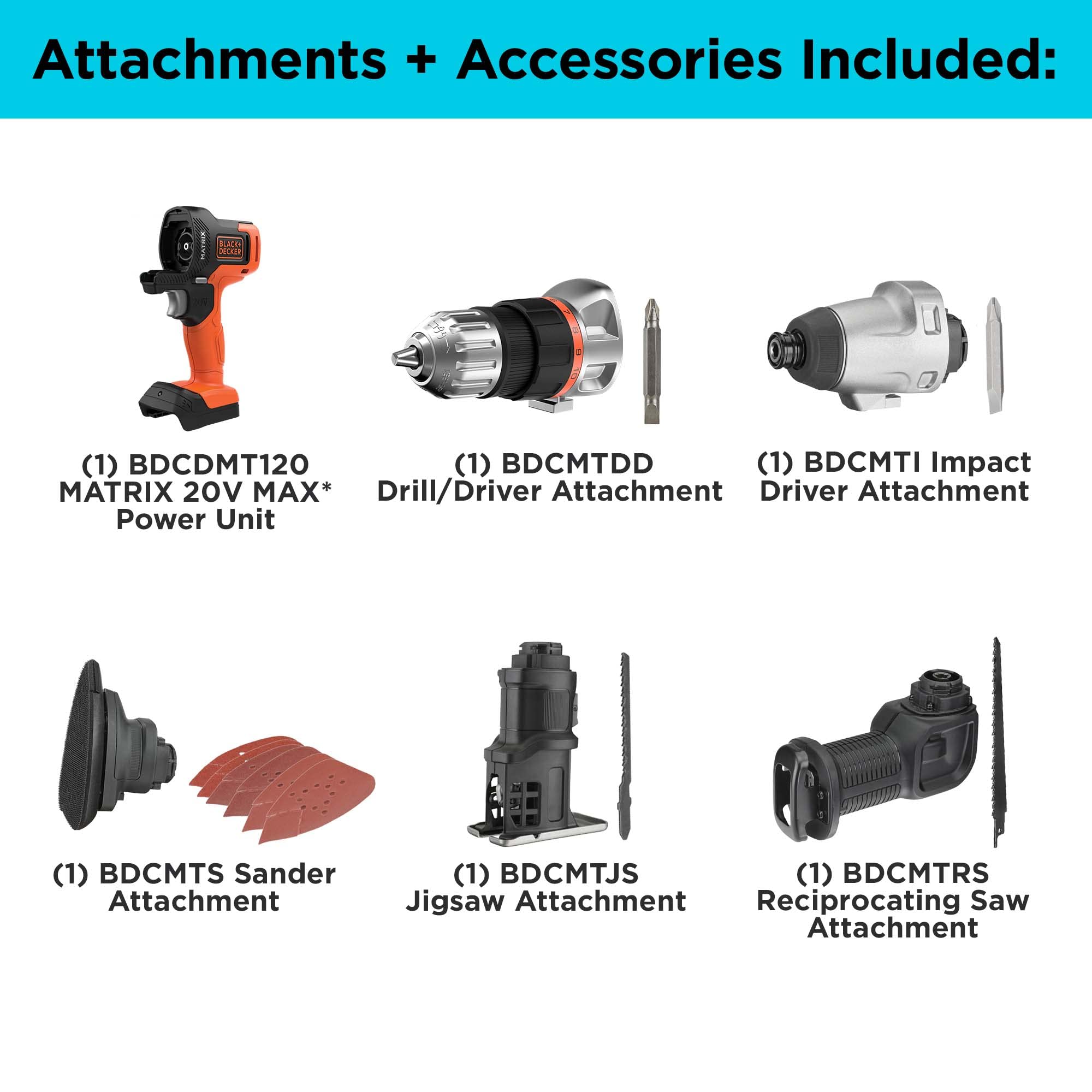 BLACK+DECKER MATRIX 20V MAX Cordless Power Tool Kit with Drill, 8 Attachments & Storage Case (BDCDMT1208KITC1) - Perfect for DIY Home Improvement, Woodworking, and Professional Construction Projects
