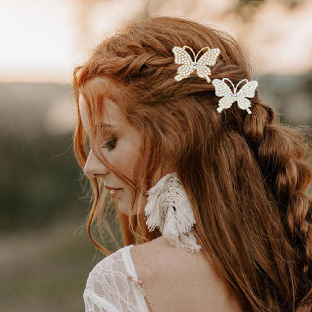 BARTOSI Gold Rhinestone Butterfly Hair Clips - Sparkly Crystal Hair Barrettes for Women & Girls (2 Pack) | Elegant Hair Accessories for Weddings, Parties & Daily Wear