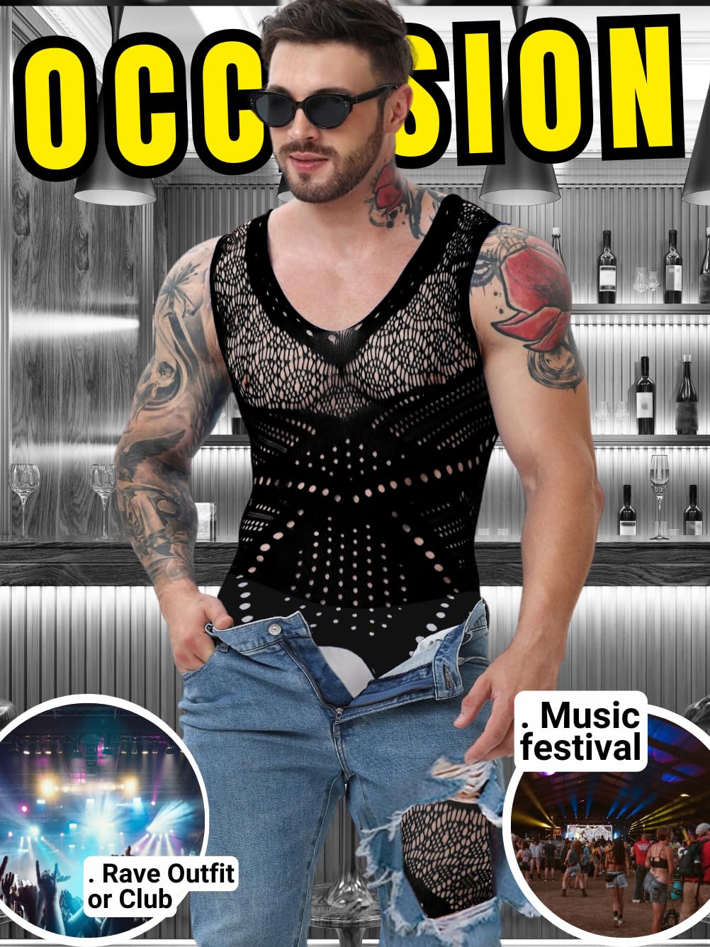 **Sexy Men's Lingerie - Fishnet Bodysuit & Lace Jumpsuit for Rave, Glow Party & Club Wear - Perfect Gift for Him**    *(Ideal for Valentine's Day, Bachelor Parties, Roleplay & Sensual Nights)*