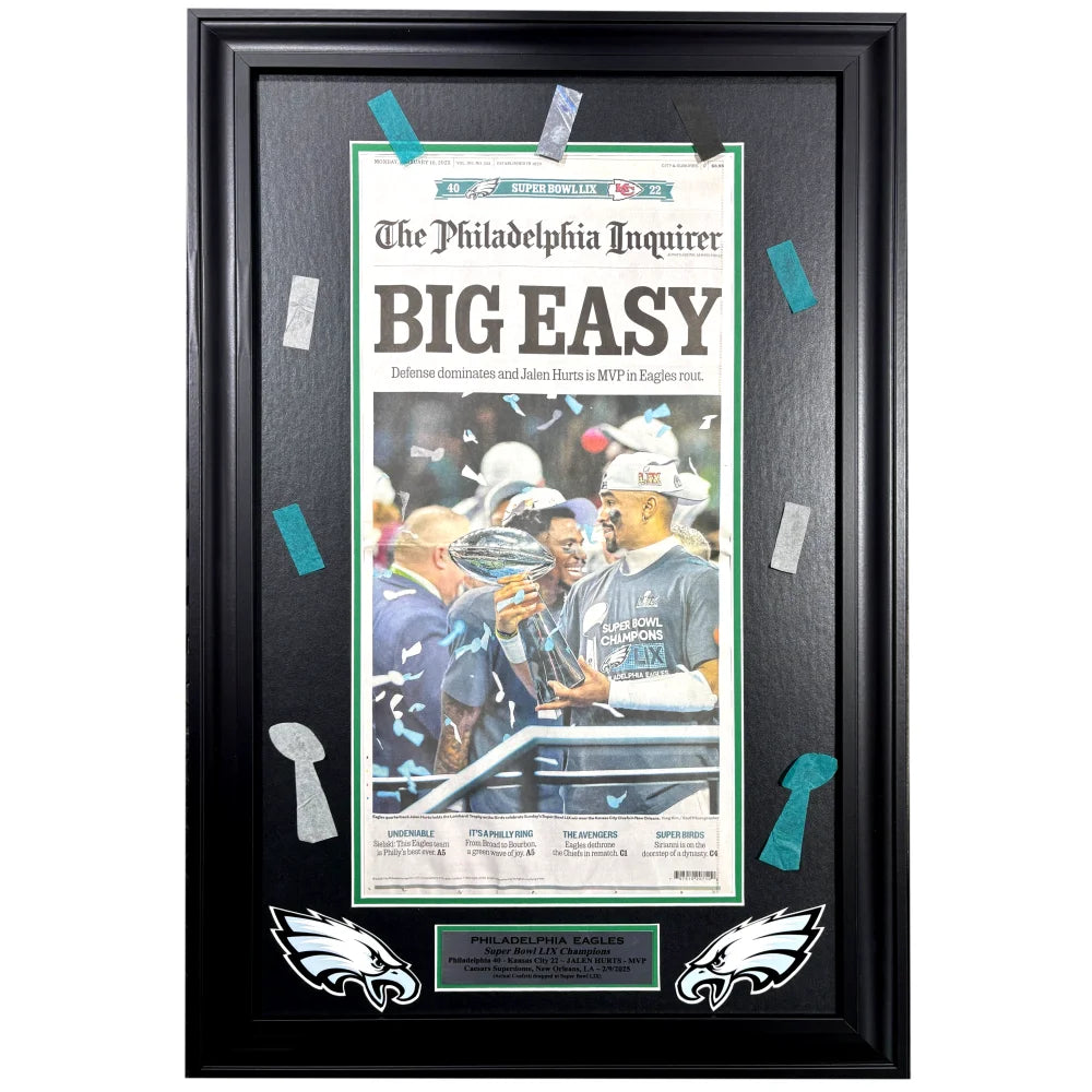 Philadelphia Eagles Super Bowl 59 Champions Framed Newspaper with Confetti - Authentic Inquirer Front Page - Perfect for Eagles Fans, Sports Memorabilia Collectors & Man Cave Decor