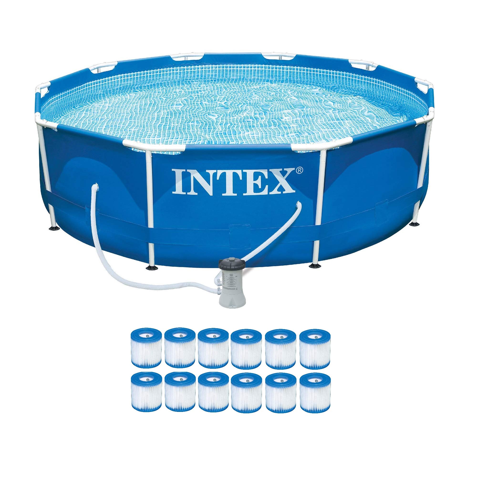 Intex 18ft x 48in Sturdy Outdoor Metal Frame Above Ground Swimming Pool Set with Drain Plug, 1500 GPH Sand Filter Pump, and 12-Pack Type H Filter Cartridges - Perfect for Backyard Summer Fun, Family Gatherings & Outdoor Parties