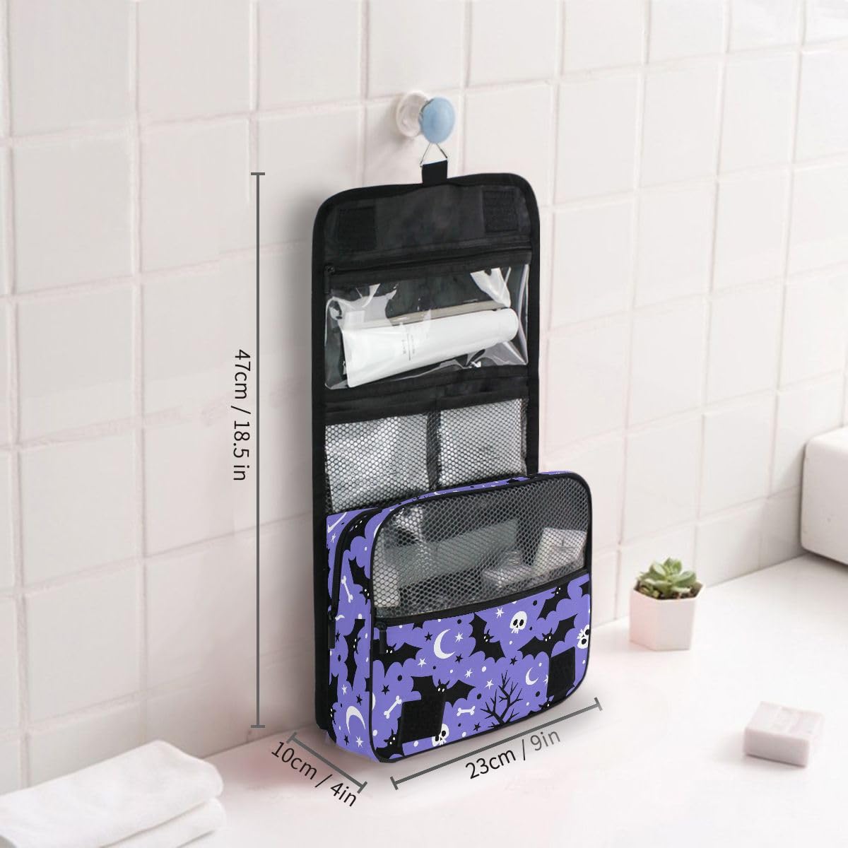 Waterproof Hanging Toiletry Bag for Women Travel - Portable Cosmetic Organizer with Multiple Pockets, Halloween Bat Design Makeup Bag for Bathroom, Camping & Gym Essentials Storage
