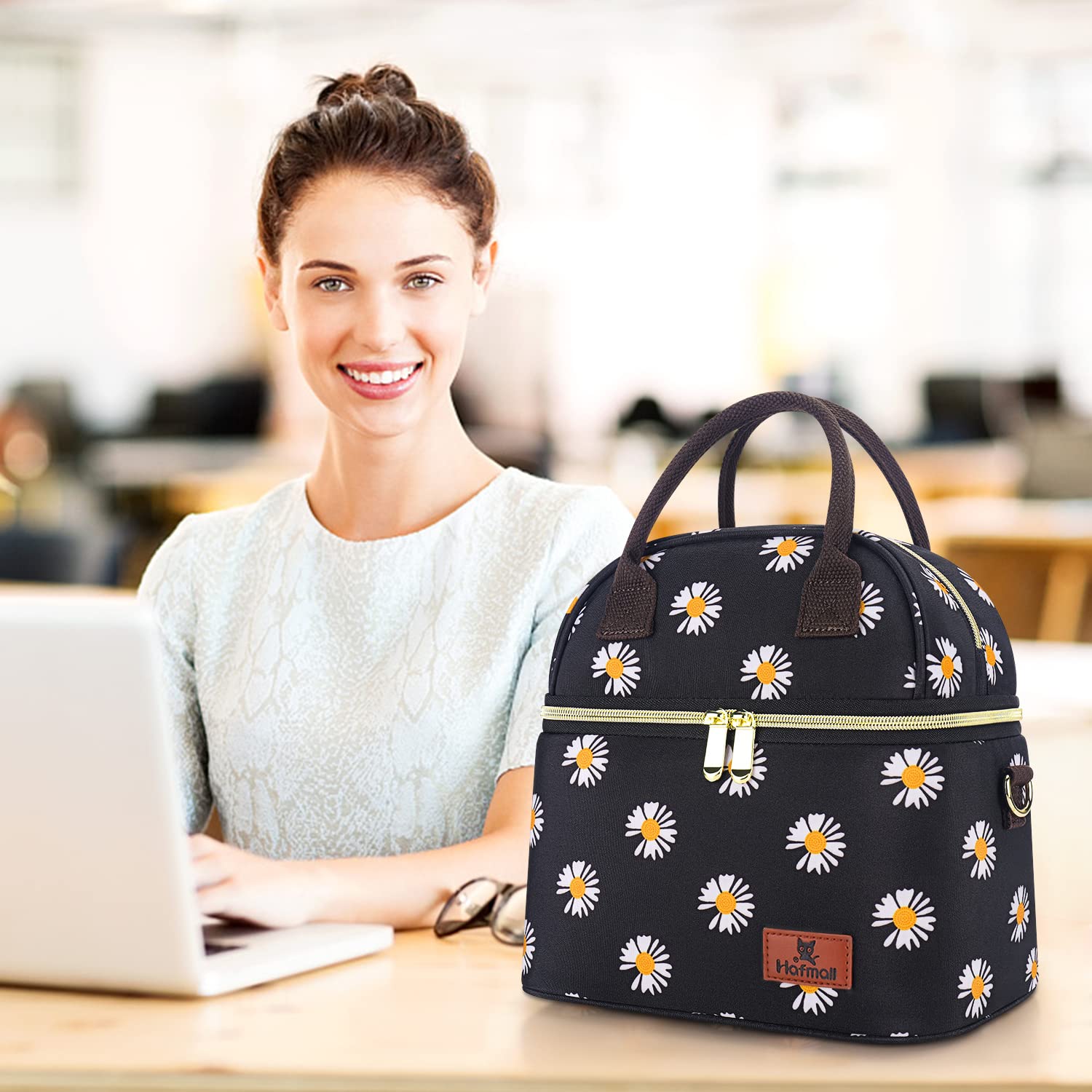 Hafmall Insulated Lunch Bag for Women - Leakproof Dual Compartment Lunch Tote with Adjustable Shoulder Strap - Reusable Thermal Lunch Box for Office, School, Picnic - Black & Daisy Floral Design