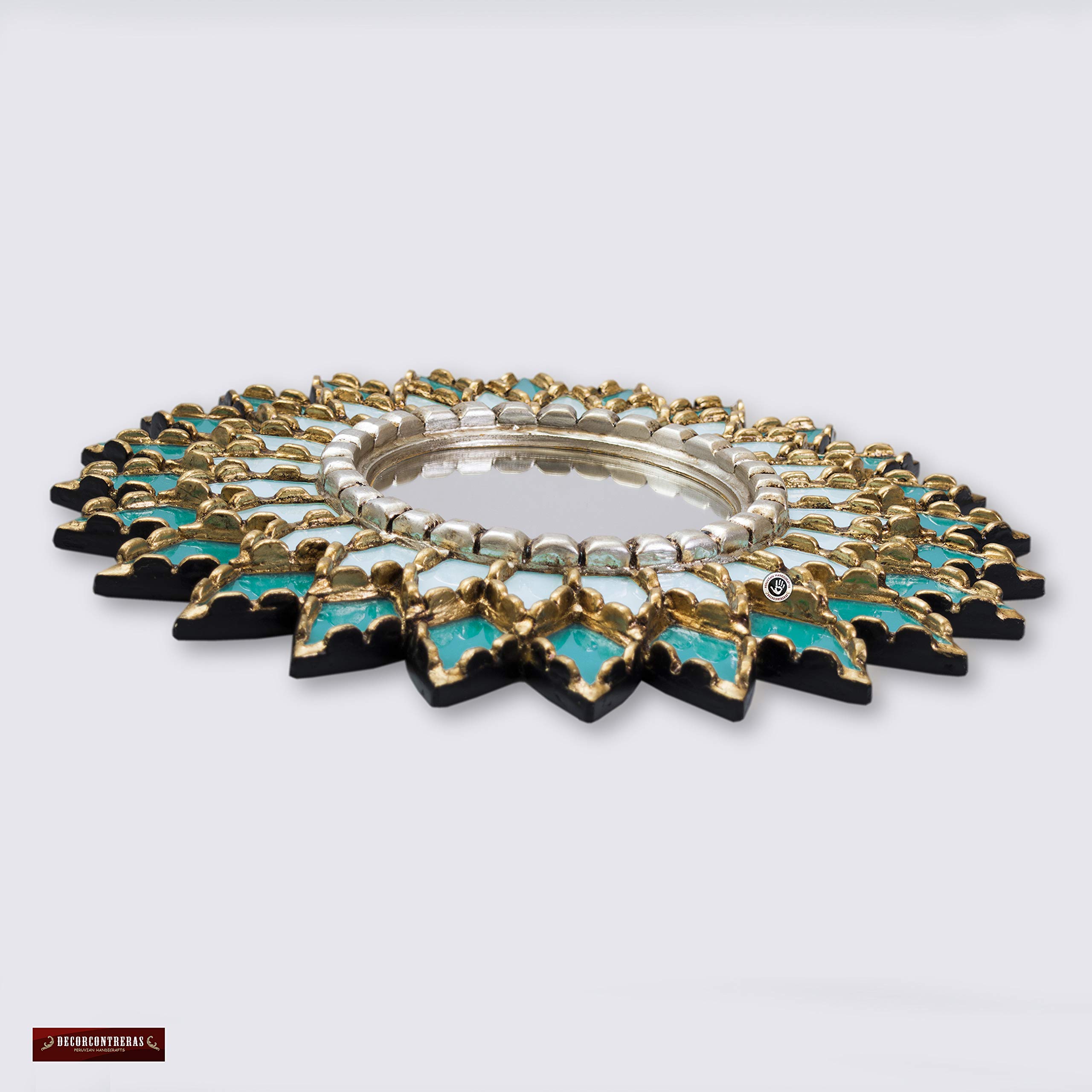 Handmade Turquoise Round Hanging Mirror - Boho Wall Decor with Peruvian Mandala Design for Living Room, Bedroom & Entryway | Unique Home Accent & Wall Art Gift Idea