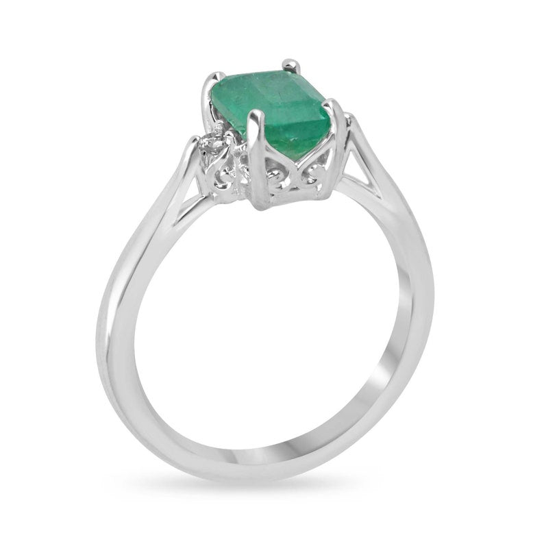 1.20tcw SS Natural Emerald Cut Light Medium Green Round Diamond Sterling Silver 3 Stone Right Hand Ring for Women - Elegant Jewelry Gift for Anniversary, Birthday & Special Occasions