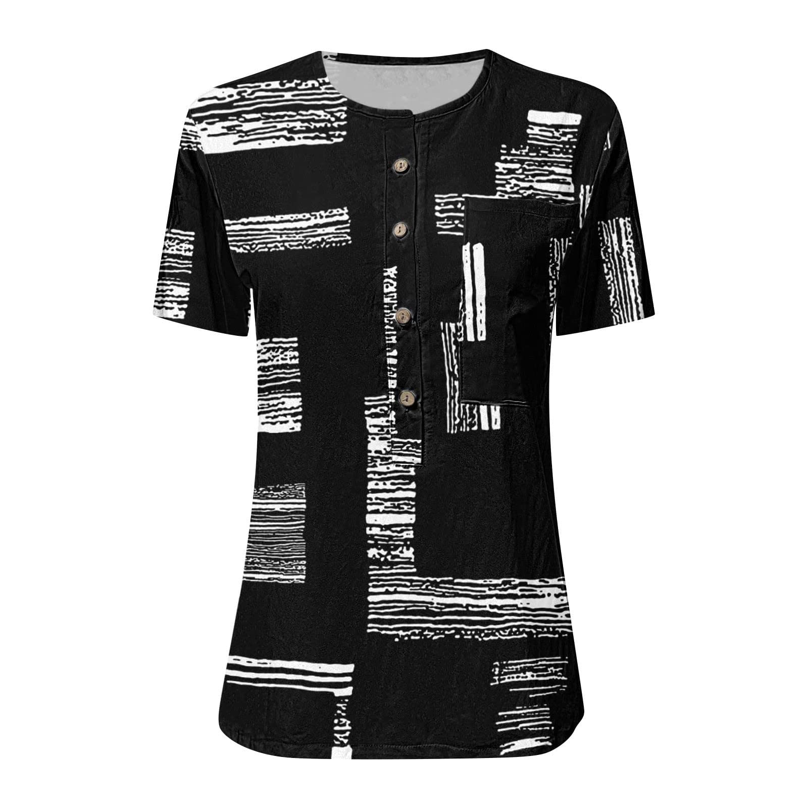 Women's Fashion Blouses & Tops - Short Sleeve Summer Casual Printed Tee Shirt with Button Neckline - Trendy Ladies Blouse (Black, Size S) - Perfect for Office Wear, Date Nights & Summer Outfits