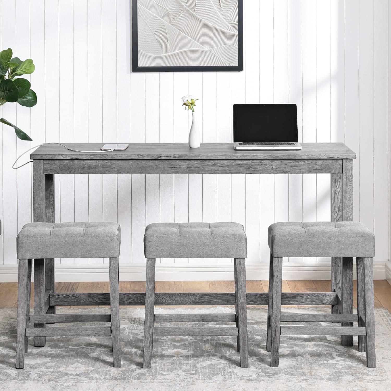 3-Piece Solid Wood Bar Table Set with Charging Ports - Counter Height Pub Table & 3 Button-Tufted Upholstered Stools - MDF Top Rectangular Dining Set for Kitchen, Living Room, Bar or Game Room - Perfect for Entertaining Guests & Casual Dining