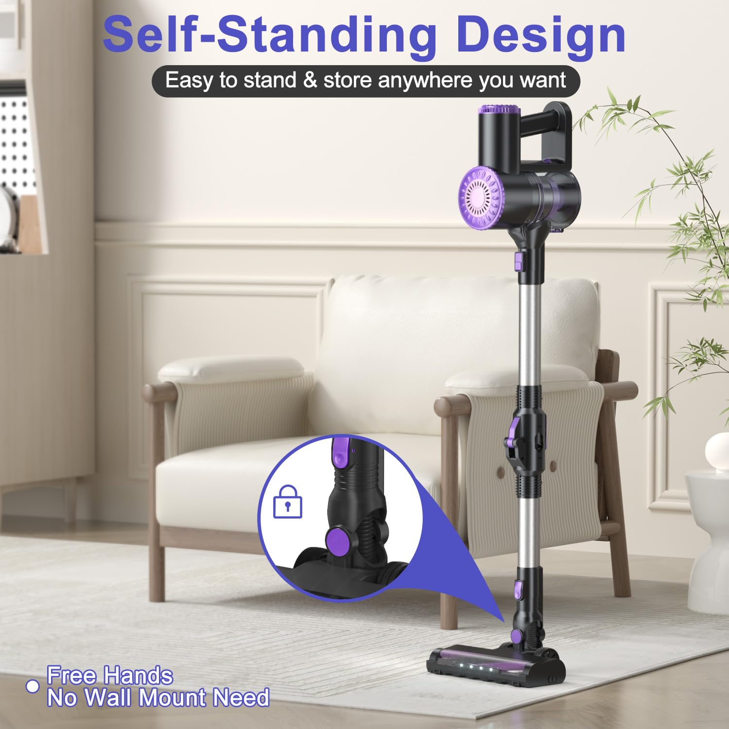 Powerful 6-in-1 Cordless Stick Vacuum Cleaner with 180° Bendable Wand - Lightweight, Self-Standing & Rechargeable for Hardwood Floors - Ideal for Pet Hair, Carpet & Quick Home Cleaning (Purple)
