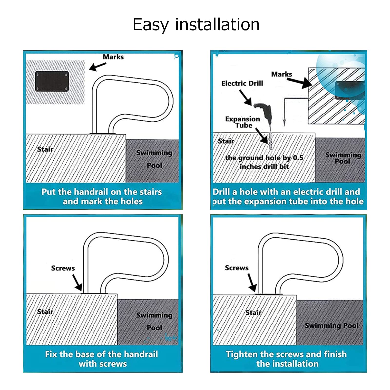 Stainless Steel Pool Handrail with Blue Grip Cover - Rustproof Swimming Pool Safety Railing with Drill Bit Screws - Perfect for Inground Pools, Spas, and Aquatic Therapy Areas