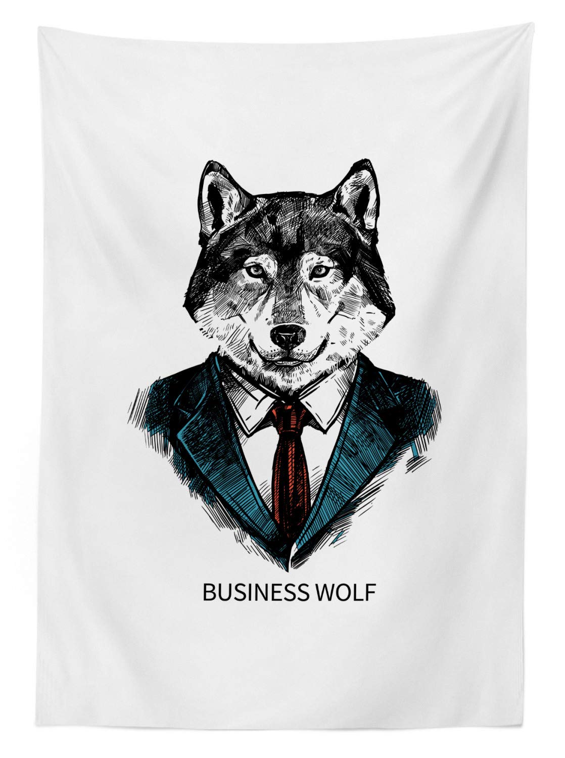 Ambesonne Wolf Tablecloth - Stylish Animal in Suit Sketch Print, Washable Outdoor Picnic Table Cover 58x84 Inches, Teal Vermilion Black - Perfect for Camping, BBQ Parties & Home Decor