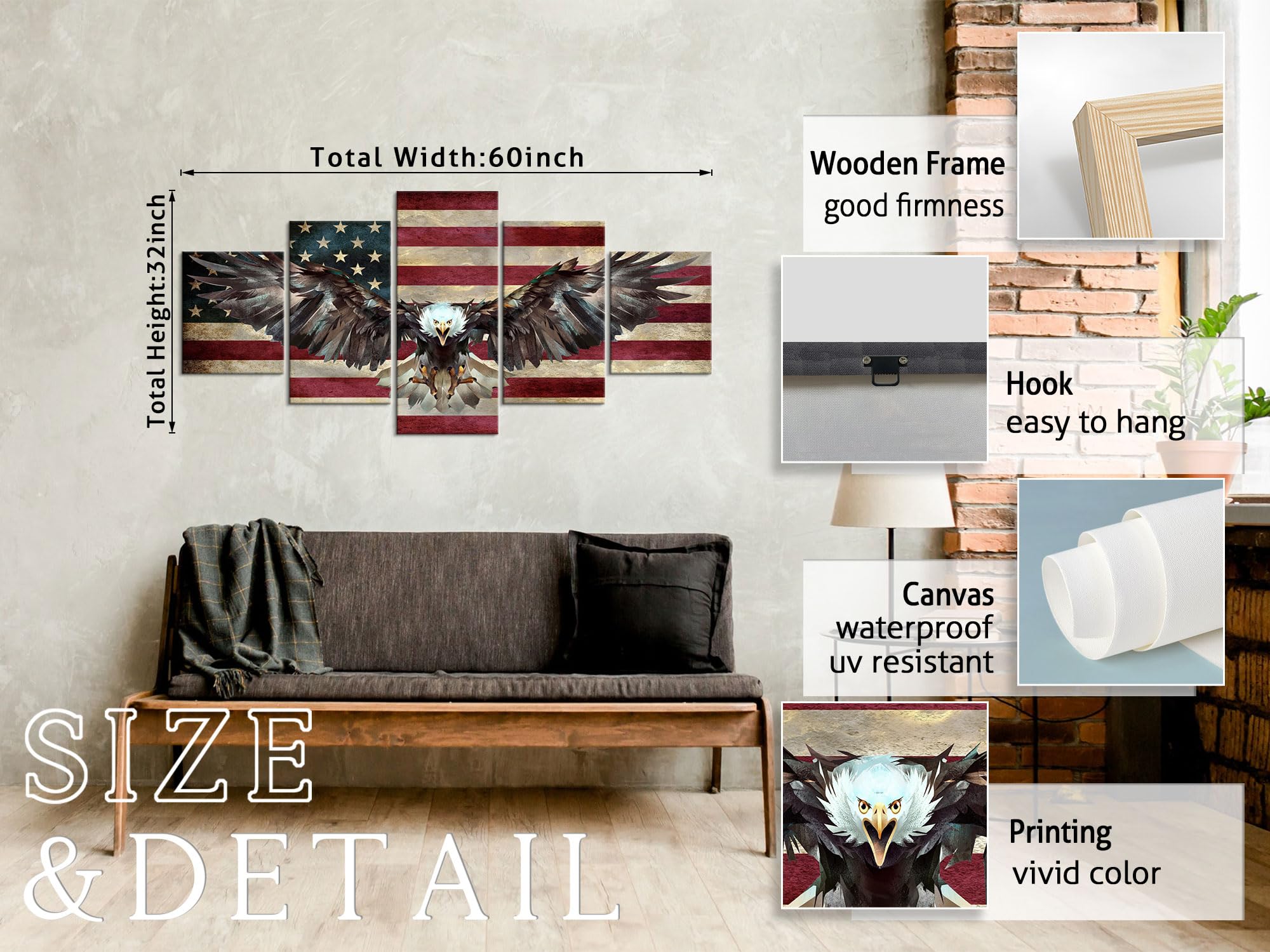 5 Piece American Flag Wall Art Set - Bald Eagle Wooden Canvas Patriotic Decor for Home & Office - Military Army Themed Wall Decor (60''W x 32''H) - Perfect for Living Room, Bedroom, or Office Display