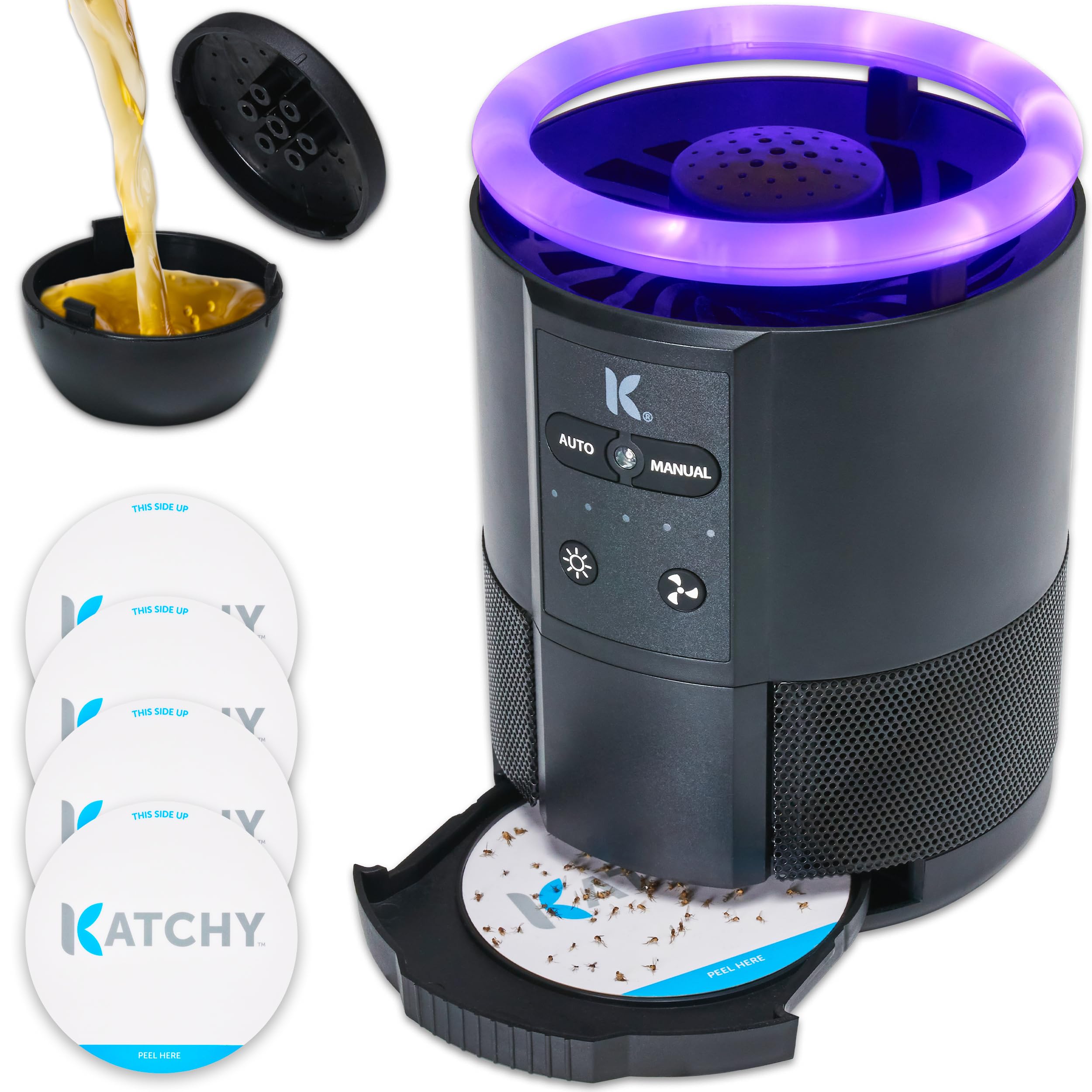 Katchy Duo Indoor Insect Trap with Scent Pod - Fan Powered UV Light Fly Trap for Fruit Flies, Gnats, Mosquitoes & Moths - Effective Home Pest Control for Kitchen, Bedroom & Office (Black)