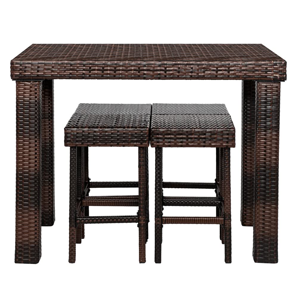 SSLine 5-Piece Outdoor Bar Table Set - Brown Wicker Rattan Pub Table with 4 Backless Bar Stools - Patio Dining Furniture for Backyard, Deck, Garden & Poolside Entertaining