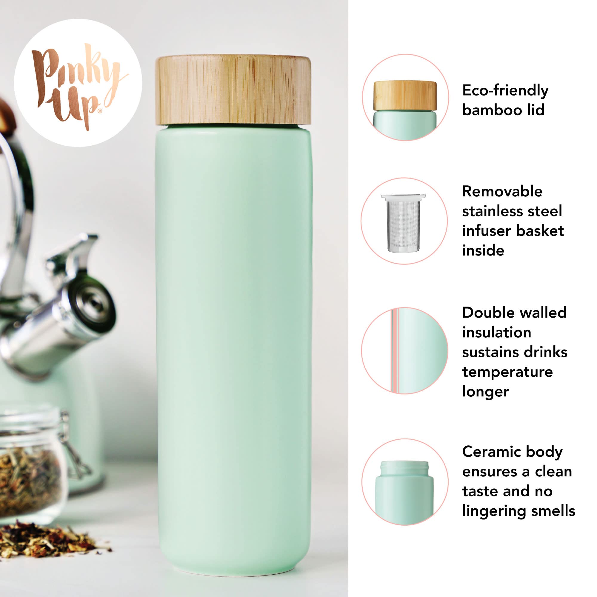 Pinky Up Tatyana Ceramic Tea Infuser Mug with Stainless Steel Filter & Bamboo Lid - 12oz Turquoise Tea Cup - Perfect for Loose Leaf Tea, Herbal Tea & Office/Home Use
