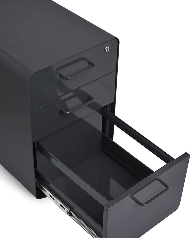 Poppin Stow 3-Drawer File Cabinet in Charcoal - 2 Utility Drawers & 1 Hanging File Drawer, Fully Painted Steel Cabinet with Keys Included for Office Organization & Home Office Storage