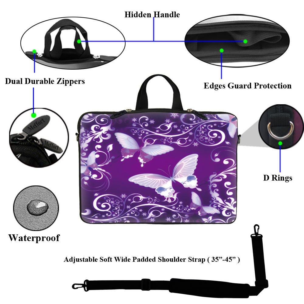 Meffort 15.6 Inch Neoprene Laptop Sleeve Case with Hidden Handle & Adjustable Shoulder Strap - Purple Butterfly Design for MacBook, Dell, HP - Perfect for Travel, School & Office Use