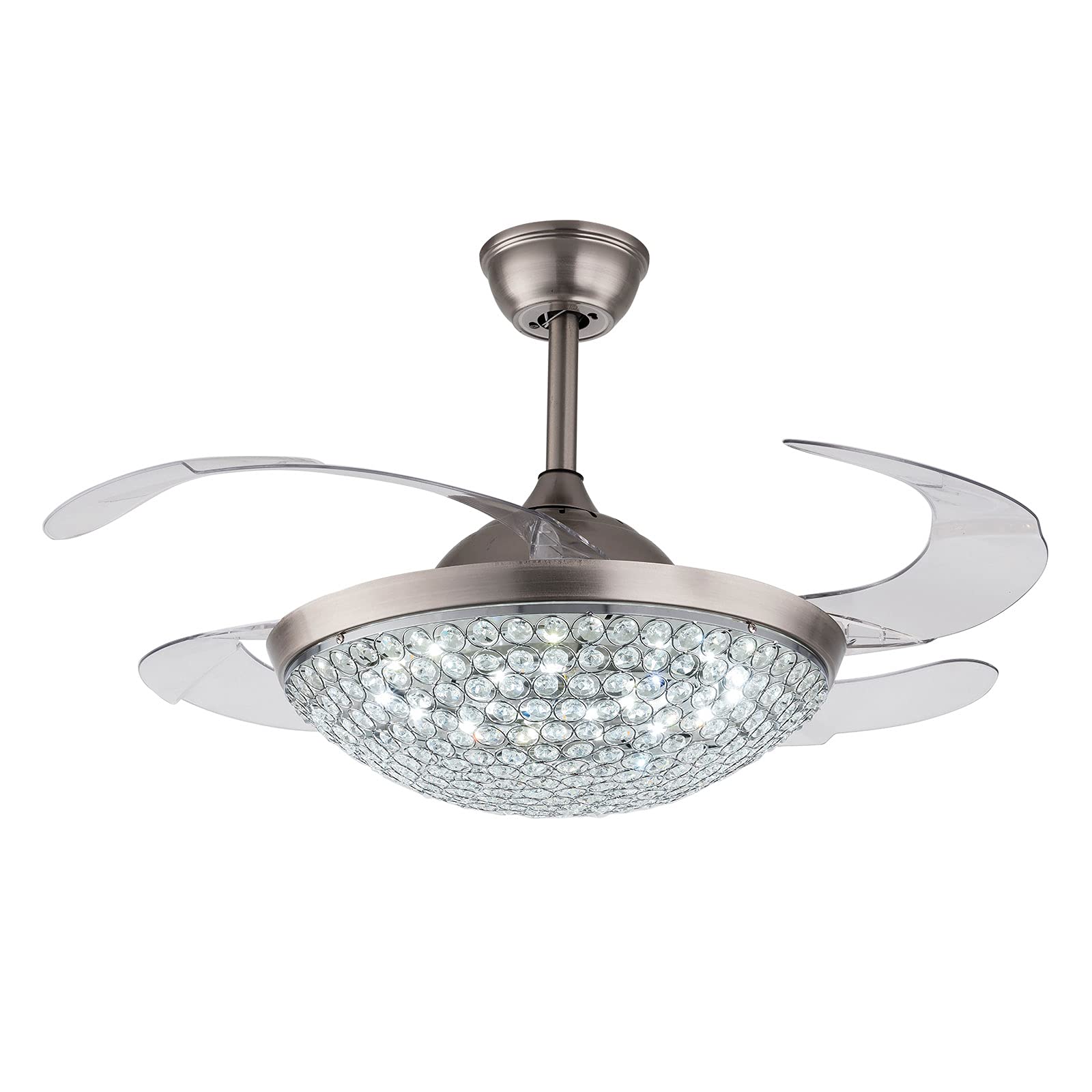 42 Inch Modern Bladeless Ceiling Fan with Remote Control - 3 Speed & 3 Color Changing LED Light, Crystal Chandelier Design for Living Room, Bedroom, Dining Room & Office