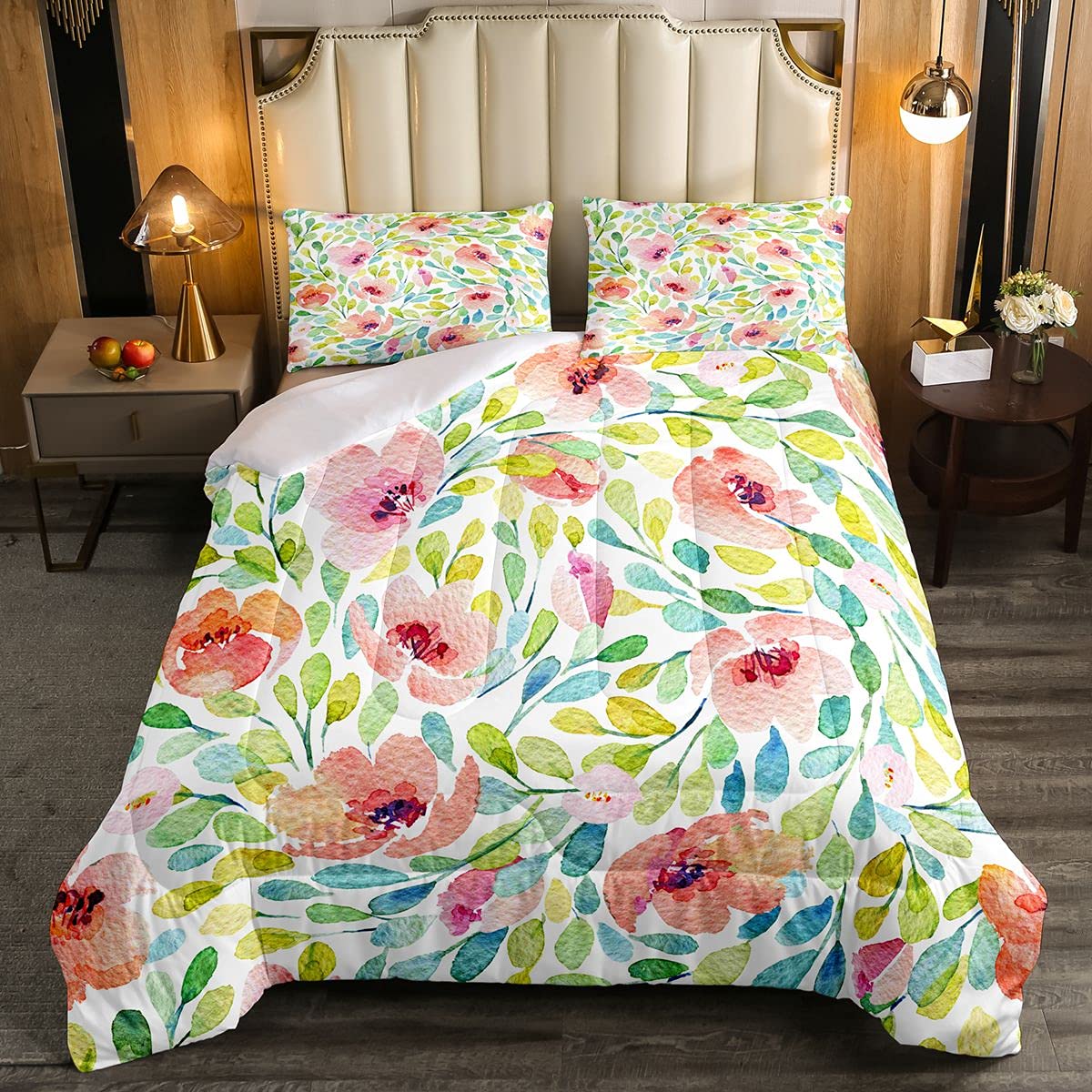 Floral Comforter Set for Girls & Teens - Watercolor Blossom Duvet Cover with Pink Green Poppy Flowers, 3-Piece Full Size Bedding Set for Women's Bedroom Decor | Perfect for Spring Refresh & Cozy Sleep