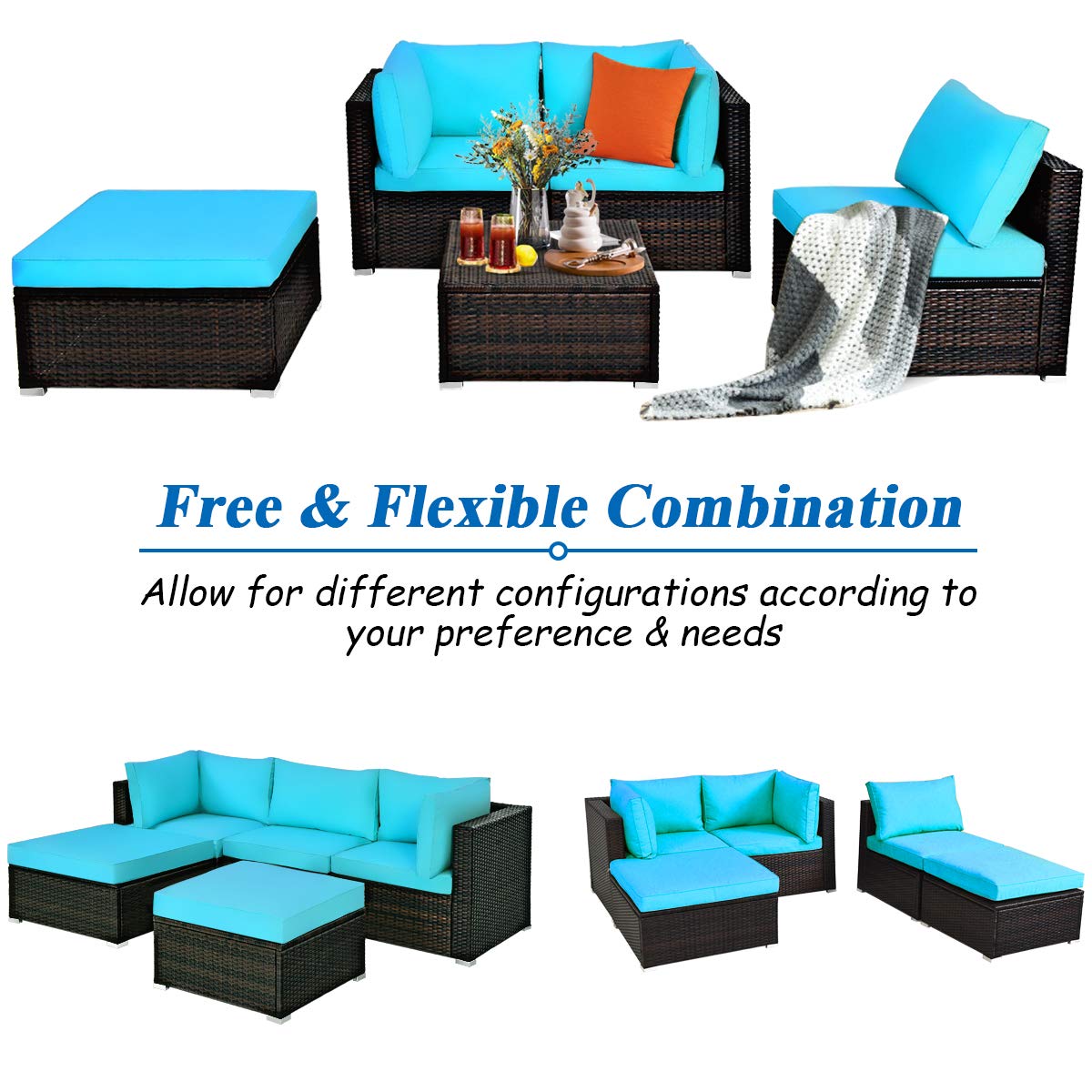COSTWAY 5-Piece Outdoor Patio Furniture Set - PE Rattan Sectional Sofa with Cushions & 2 Ottomans, Waterproof Garden Conversation Set for Backyard, Deck, Poolside (Turquoise Blue) | Perfect for Outdoor Relaxation & Entertaining