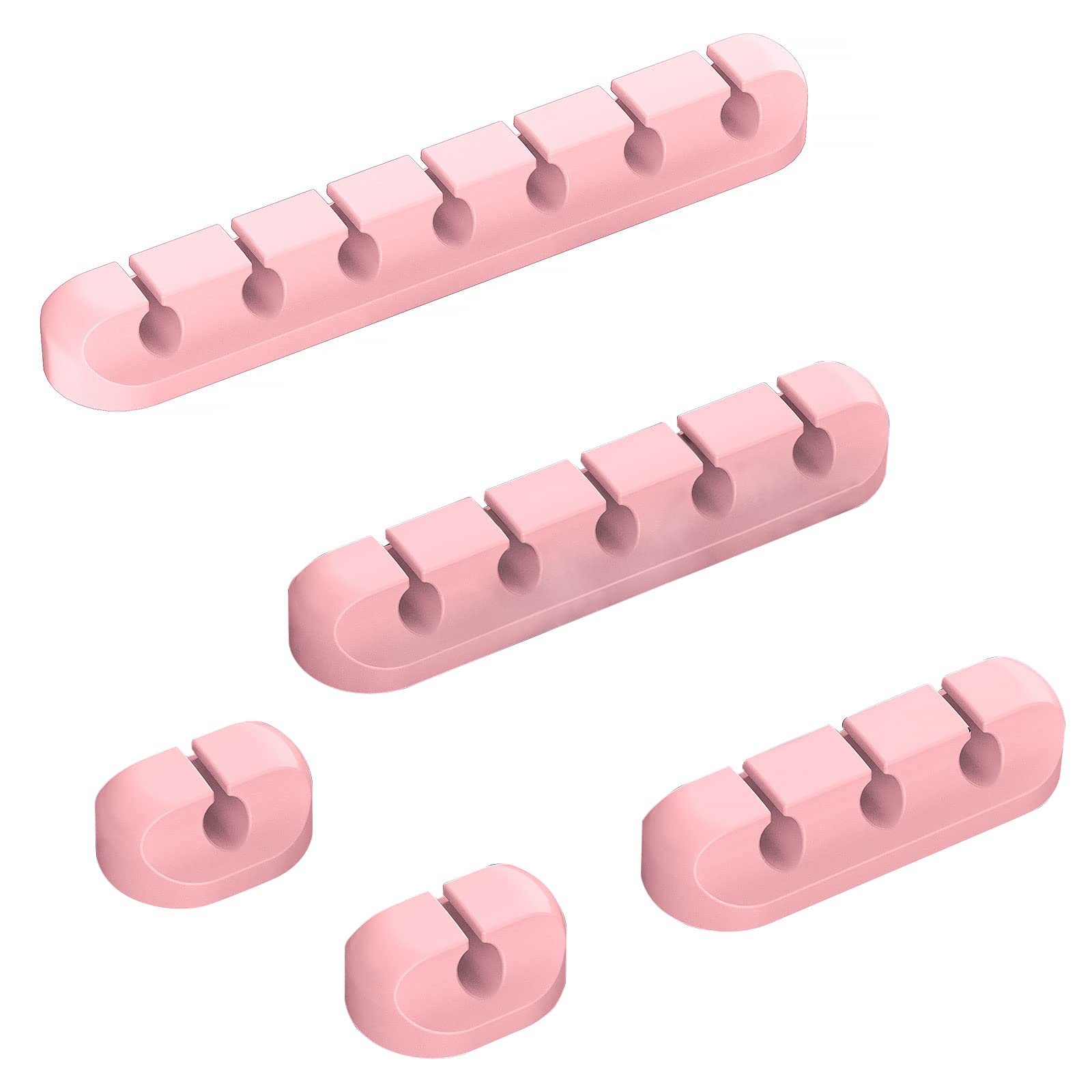 Pink Desk Cable Organizer Set - 5 Pack (7-5-3-1-1 Slots) Cord Holder for Wires Management | Keep Home, Office & Car Neat | Cute Desk Accessories for Computer, Phone & TV Cables