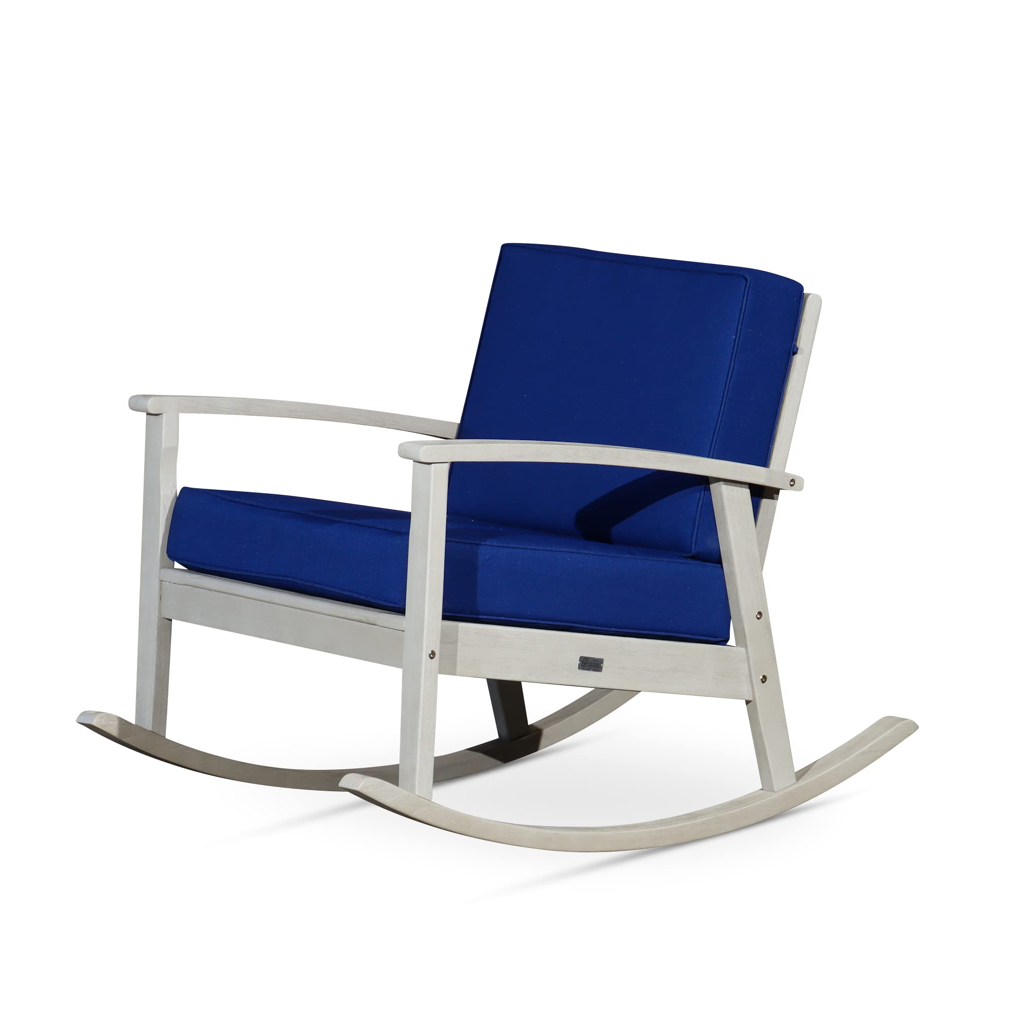 DTY Outdoor Living Longs Peak Deep Seat Eucalyptus Rocker - Driftwood Gray Finish with Navy Cushions | Patio Rocking Chair for Porch, Garden & Backyard Relaxation