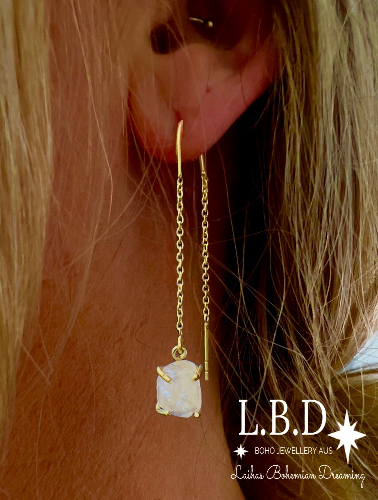 Gold Raw Moonstone Threader Earrings for Women - Natural Gemstone Boho Jewelry - Perfect for Everyday Wear, Parties & Special Occasions