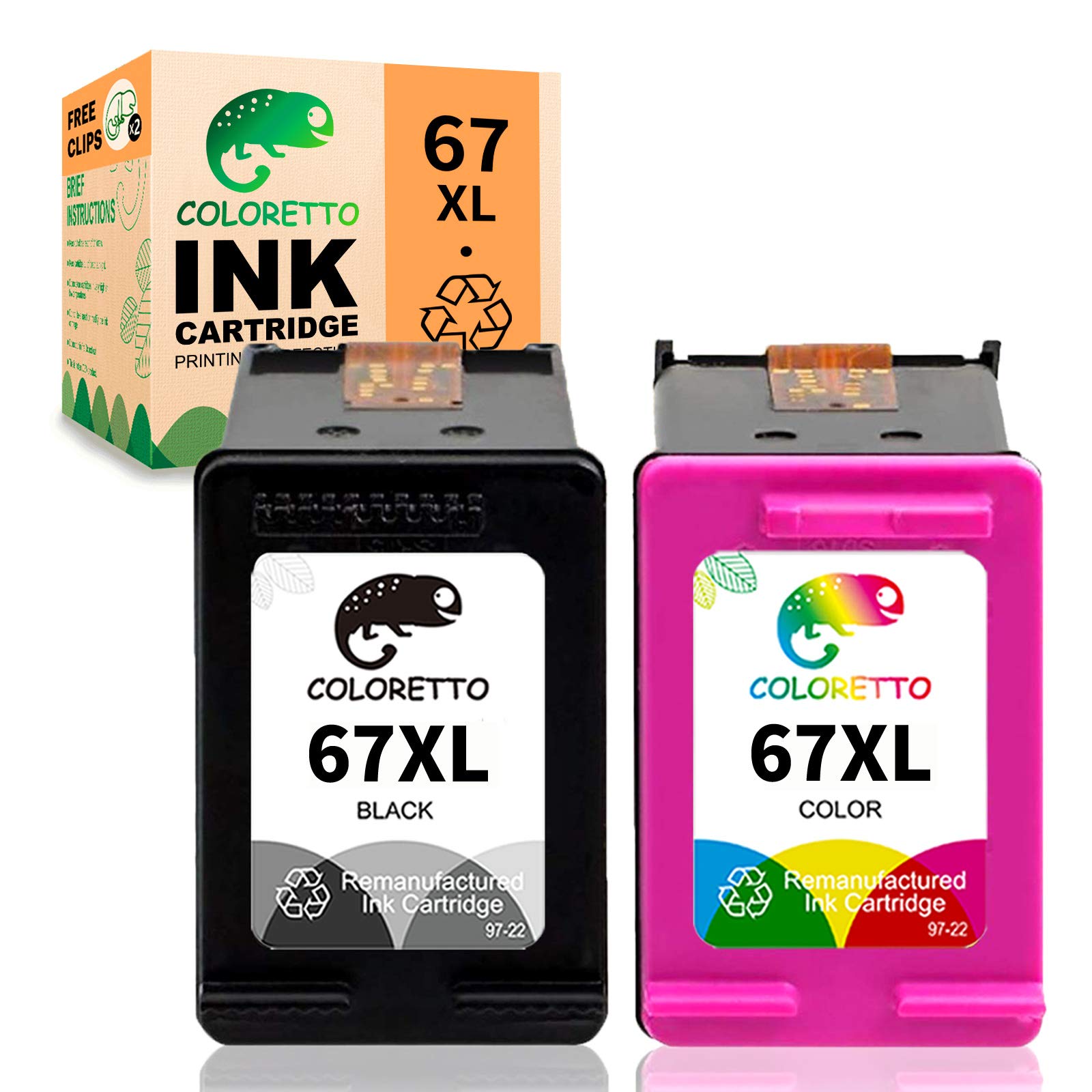 COLORETTO Remanufactured HP 67XL 67XL Ink Cartridge Replacement - Compatible with DeskJet 2755 2752, Envy 6052 6055, DeskJet Plus 4140 4155 4158 - High Yield Combo Pack (1 Black + 1 Color) - Perfect for Home Office Printing & School Projects