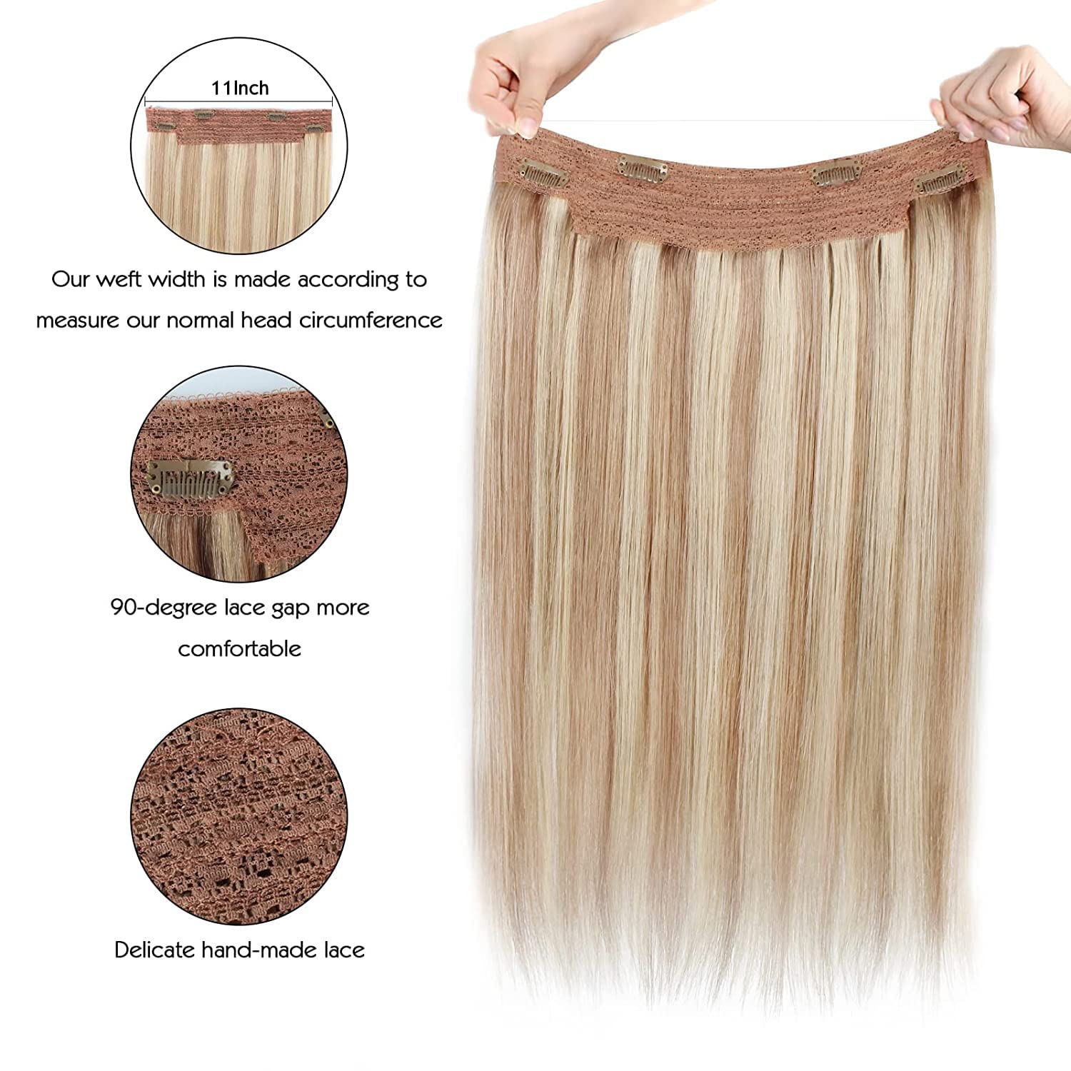 Natural Straight Sassina Invisible Wire Hair Extensions - 14 Inch 90g Real Human Hair with Adjustable Transparent Wire & Secure Clips (#P12/60) | Perfect for Weddings, Parties & Daily Styling