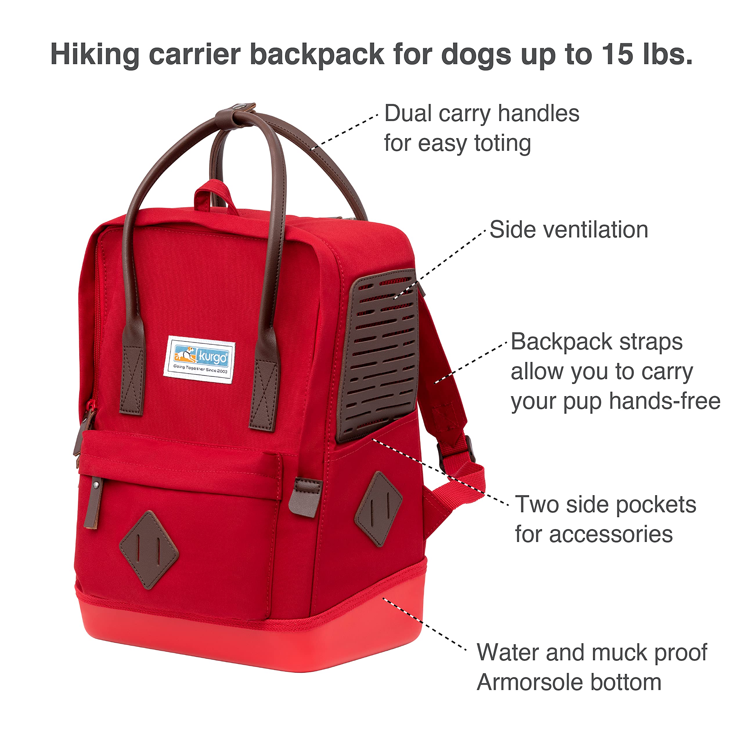 Kurgo Nomad Dog Carrier Backpack - Lightweight Hiking Backpack for Small Dogs up to 15 lbs | Waterproof Pet Travel Carrier with Safety Tether & Dual Handles | Perfect for Outdoor Adventures, Camping & Air Travel (Red)