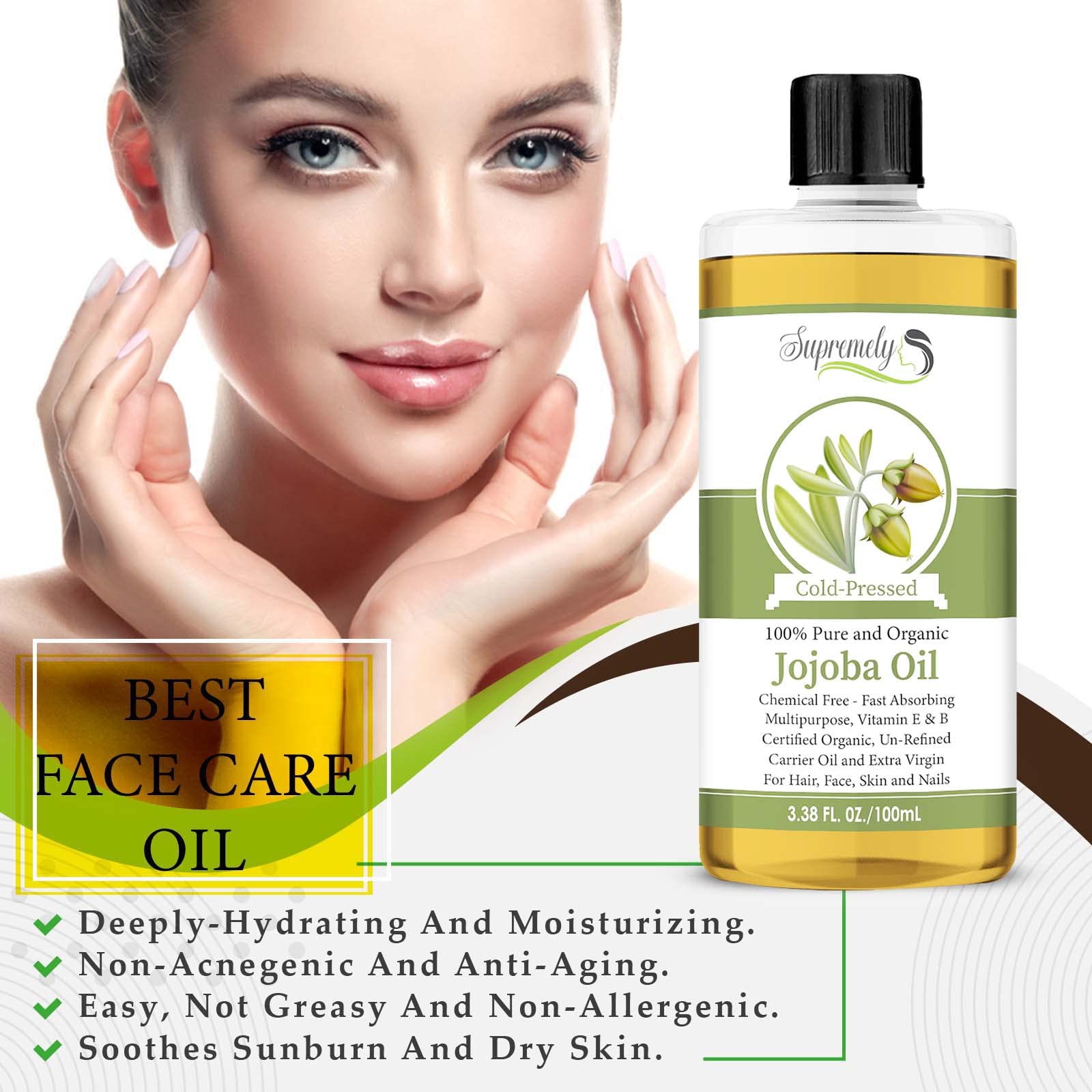 100% Pure Golden Jojoba Oil - Organic Cold Pressed Unrefined Carrier Oil for Face & Hair Care - Natural Moisturizer for Dry Skin & Acne Treatment - Perfect for DIY Beauty, Massage & Aromatherapy