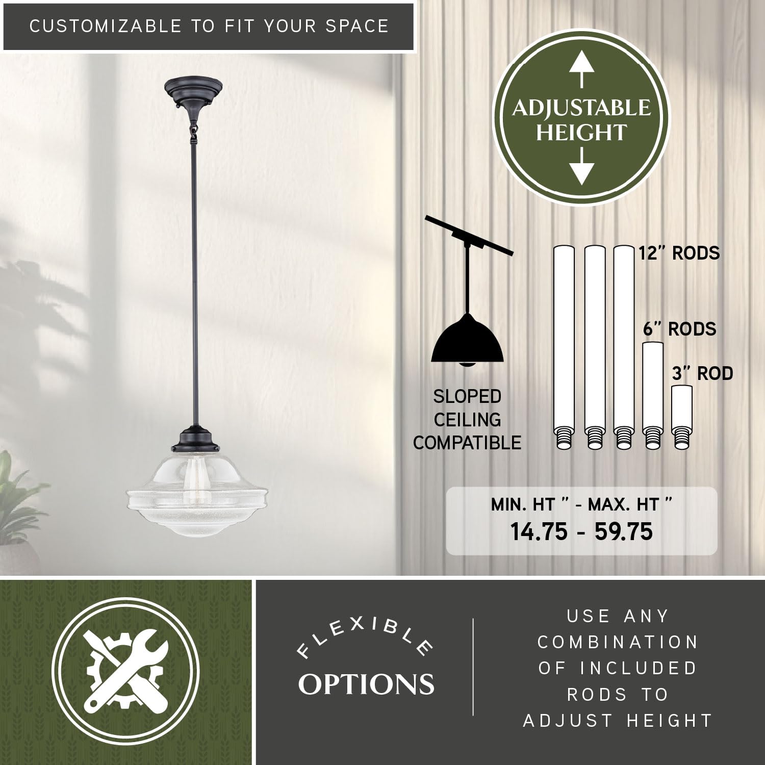VAXCEL Huntley 1-Light Bronze Farmhouse Pendant Light with Clear Glass Shade - Perfect for Kitchen Island, Dining Room, and Entryway Lighting