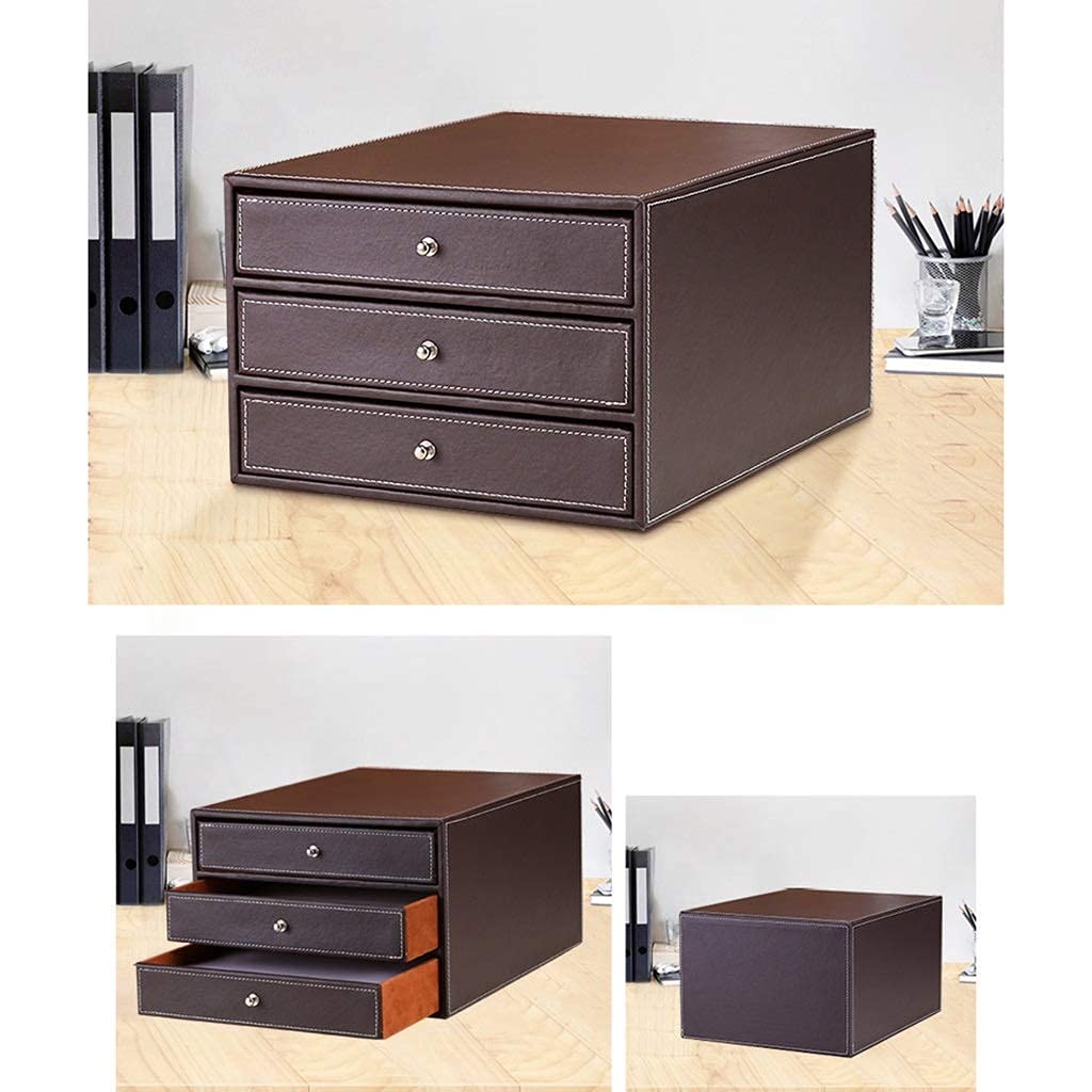 XBSXP 3-Layer Leather Desktop Organizer - A4 File Storage Box, Office Drawer Cabinet for Documents & Stationery - Perfect for Home Office, Study Desk & Workspace Organization (Brown)