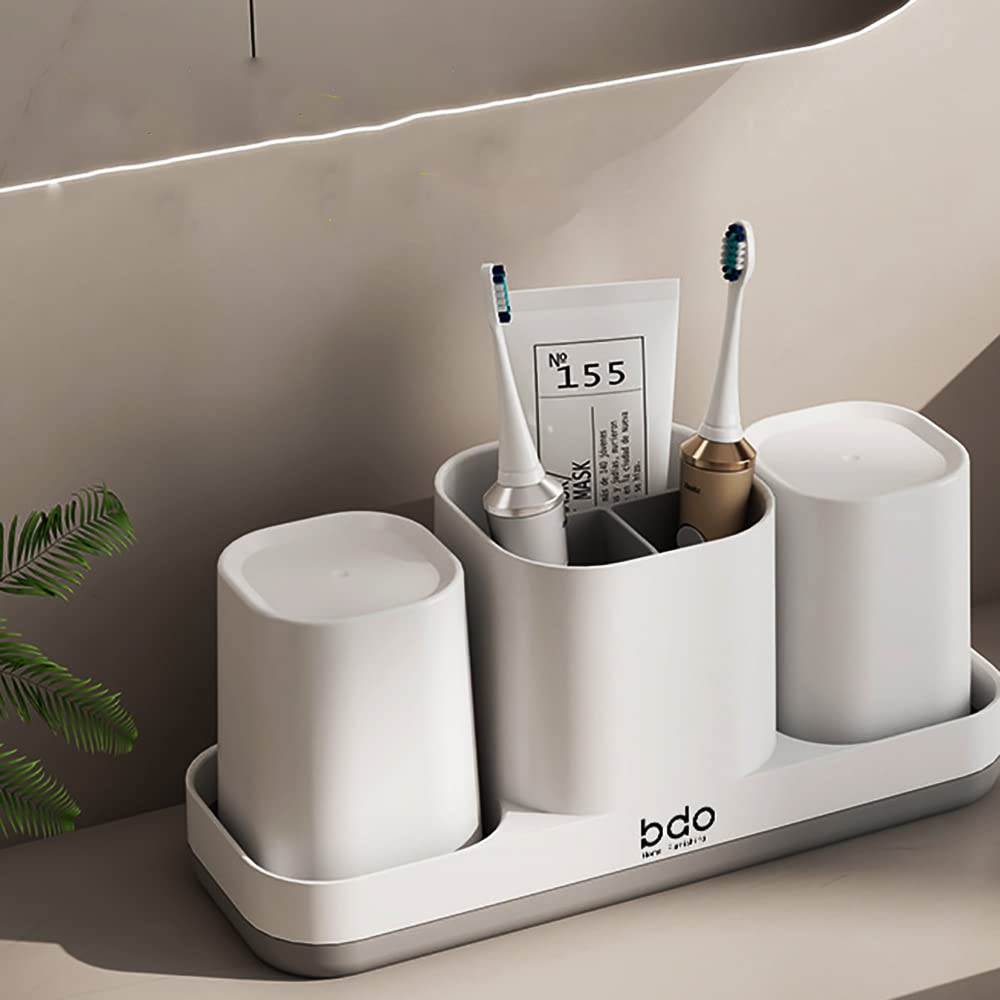 White Toothbrush Holder & Toothpaste Dispenser Set - 2 Bathroom Cups & Electric Toothbrush Stand for Vanity Countertop Organization | Kids Bathroom Decor Accessories | Perfect for Family Bathrooms & Guest Suites