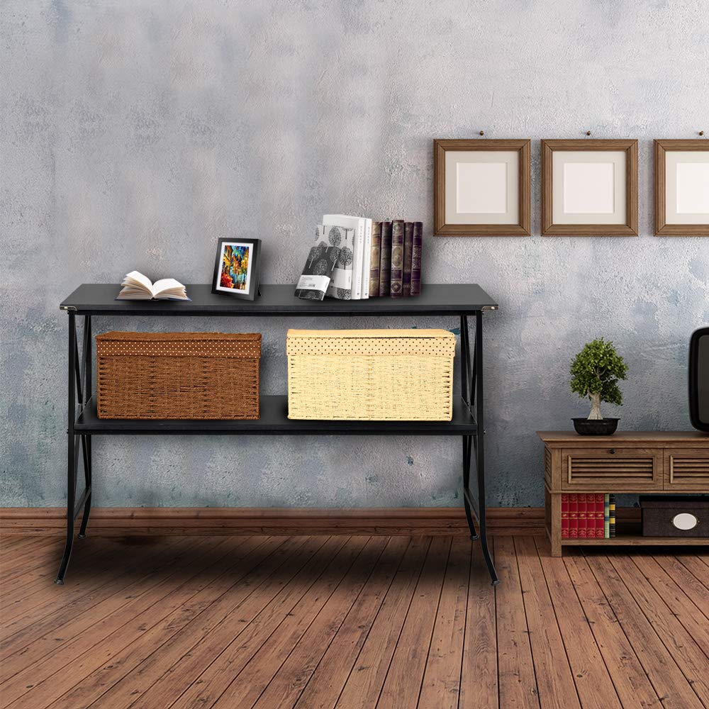 2 Tier X-Design Console Sofa Table - Modern Entryway Accent Table with Bookshelf, Perfect for Living Room, Hallway & Small Spaces - Ideal for Coffee, Snacks, Books & Home Decor Display